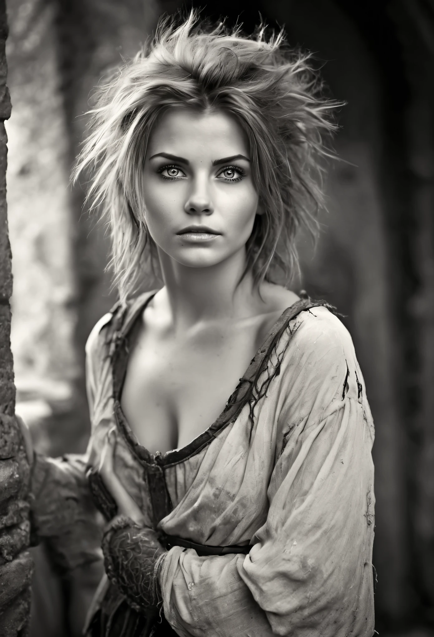 Photorealistic, cute woman with messy hair and poor tattered clothes, cute sexy, (detailed medieval background), ultra sharp focus, detailed face, (((posing))),  random hair color, short hair, beautiful eyes, full body, high quality black and white analog photo,  depth of field, film grain 