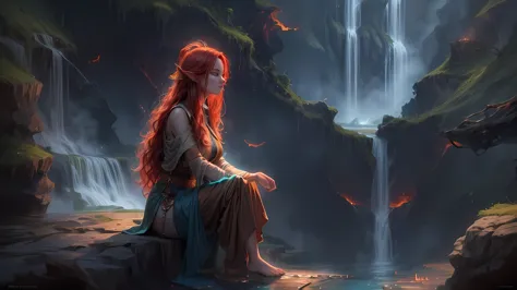 fantasy art, photorealistic, D&D art, a picture of a female monk sitting and meditating near a waterfall, at the base of the wat...