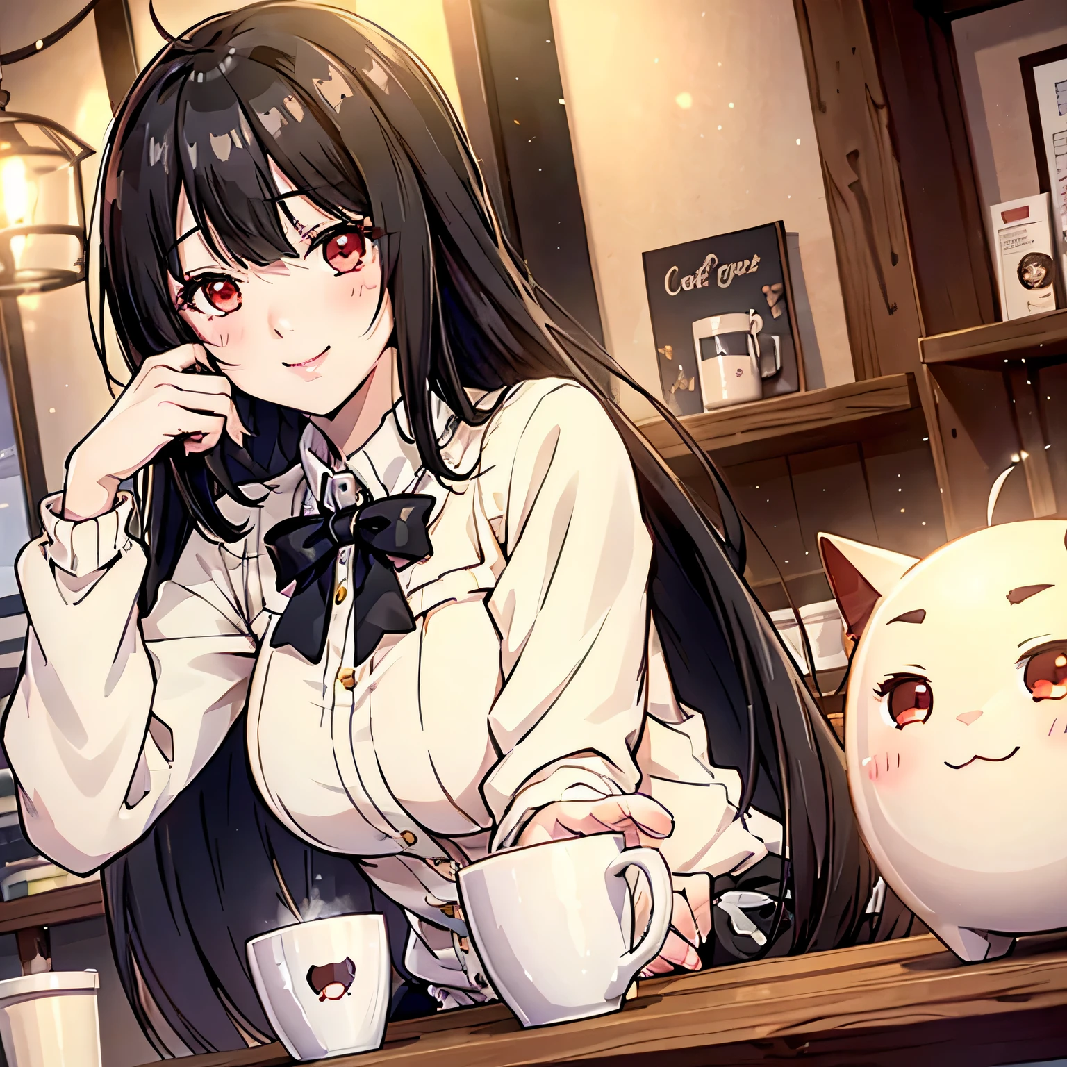 anime girl sitting in cafe with cup of cofee 4k with many details high quality black hair white sweater anime style perfect hands perfect face , smiling face, blush on face, yumeko jabami, red eyes, loft style cafe