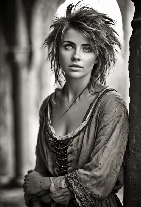 Photorealistic, cute woman with messy hair and poor tattered clothes, cute sexy, (detailed medieval background), ultra sharp foc...