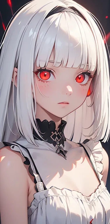 (8K、highest quality、masterpiece:1.2)、Super detailed、super resolution、Realistic、(1girl)  、(white hair)、(blunt bangs:1.5),RED eyes...