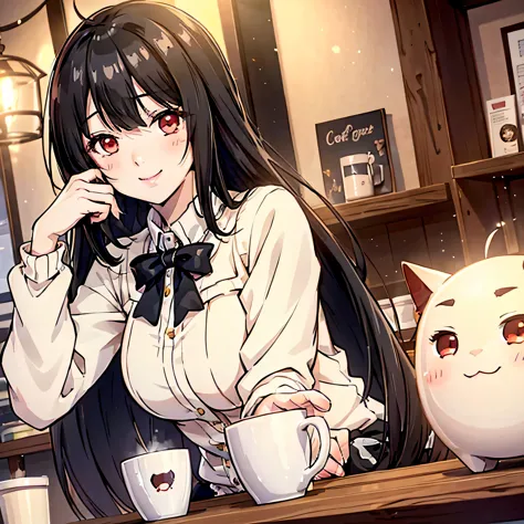 anime girl sitting in cafe with cup of cofee 4k with many details high quality black hair white sweater anime style perfect hand...