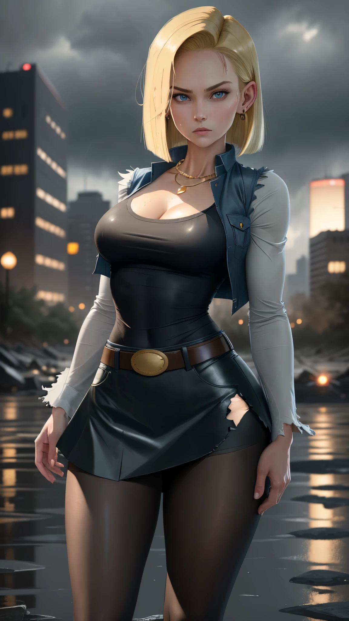 best quality, high-res, and18, 1girl, android 18, solo, blonde hair, blue eyes, belt, tight demin skirt, gold necklace, black shirt, short hair, long sleeves, earrings, open vest, denim vest, large breasts, cowboy shot, city park, straight-on, (weather: raining), guard stance, full length pantyhose, battle ruins, wide hips, thick legs, wet shirt, torn skirt,