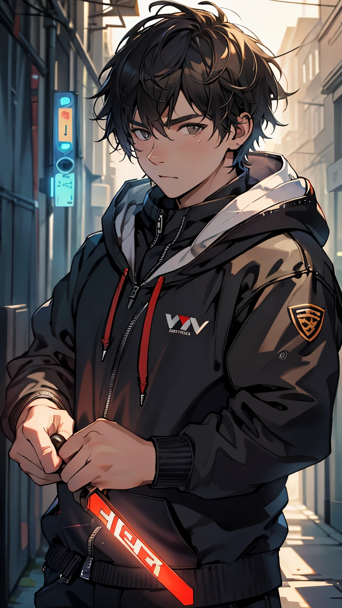 Anime boy in a black jacket holding a red light - SeaArt AI