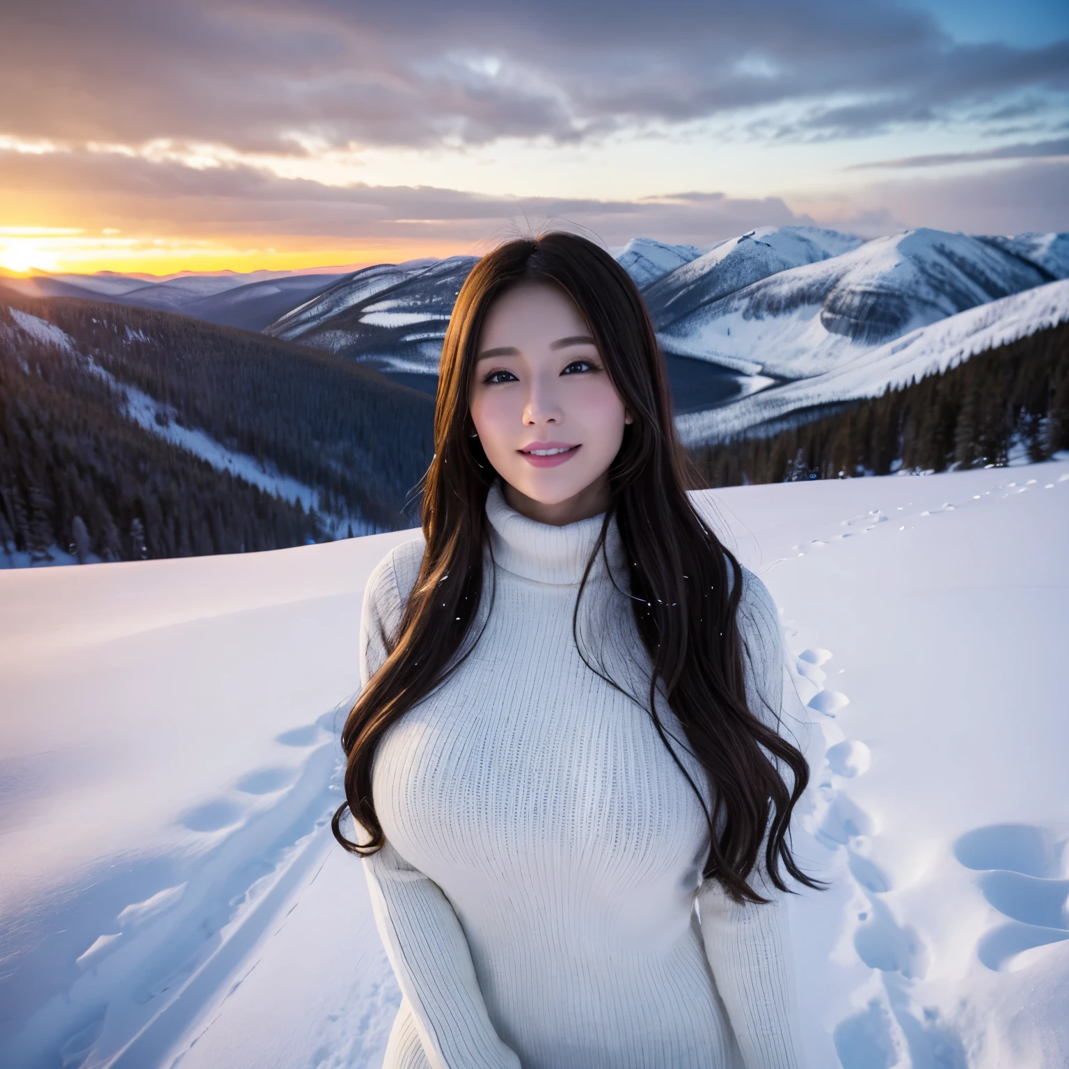 (table top、highest quality、8k、Award-winning work、ultra high resolution)、one beautiful woman、(thick trench coat:1.1)、(Turtleneck long knit sweater dress:1.1)、Very long wavy hair、(vivid sunset:1.1)、epic movie lighting、(Snowy mountains in Finland:1.1)、winter、snow scene、(heavy snow is falling:1.2)、(A sexually excited expression staring at me:1.1)、(Very huge breasts that are about to burst:1.25)、(emphasize body line:1.2)、very long hair、blurred background、accurate anatomy、ultra high definition hair、Perfect and beautiful teeth in ultra high resolution、Ultra high definition beauty face、ultra high definition hair、Super high-definition sparkling eyes、Shining, ultra high-resolution beautiful skin、ultra high resolutionの艶やかな唇
