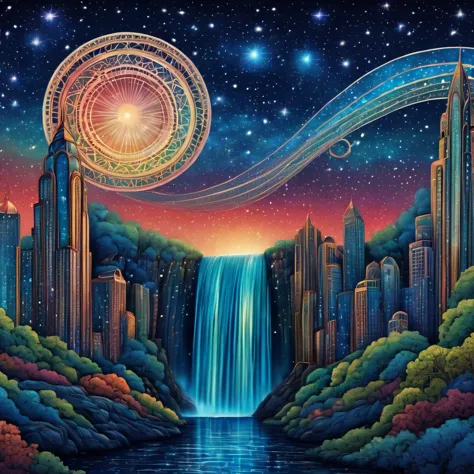 Magical starry sky. zentangle art deco style Waterfall, art deco style science fiction, magical art deco style future skyscraper...
