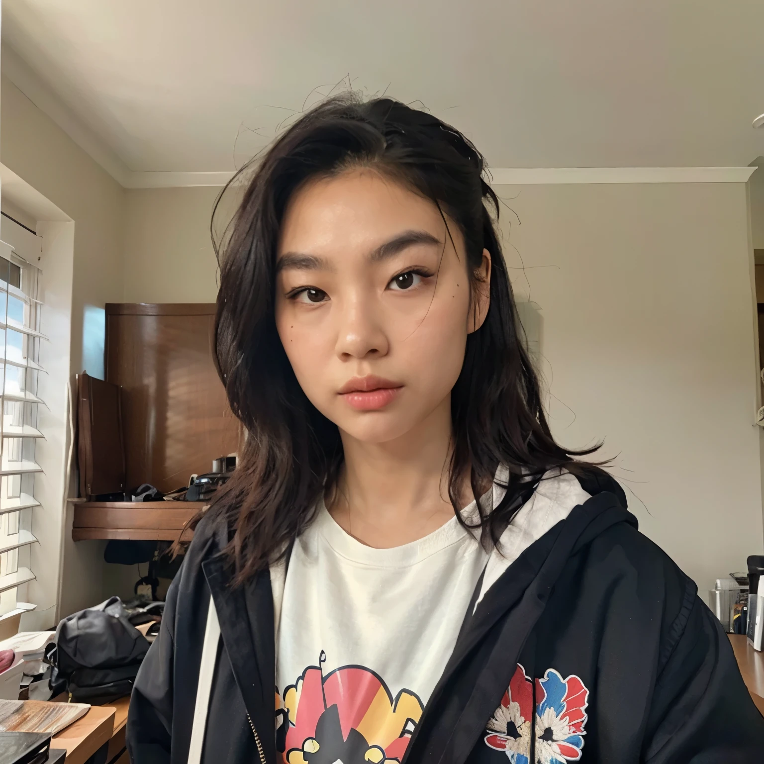 28 year old korean American woman, gamer, casual clothes, casual picture, busty, plump lips, webcam picture filter, thick, hoodie, casual picture used for social media