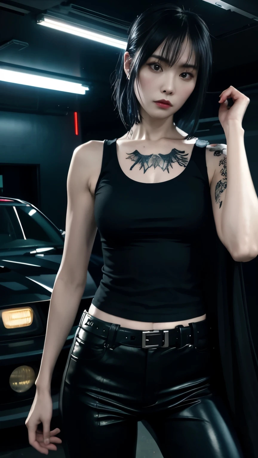 (highest quality)，masterpiece，Super detailed，8K, UHD，Beautiful woman，japanese woman，No expression，whole body，((tattoo))，slim，black slacks，white tank top，(female mafia)，gangster，(cyberpunk city)，night，cinematic lightening，underworld