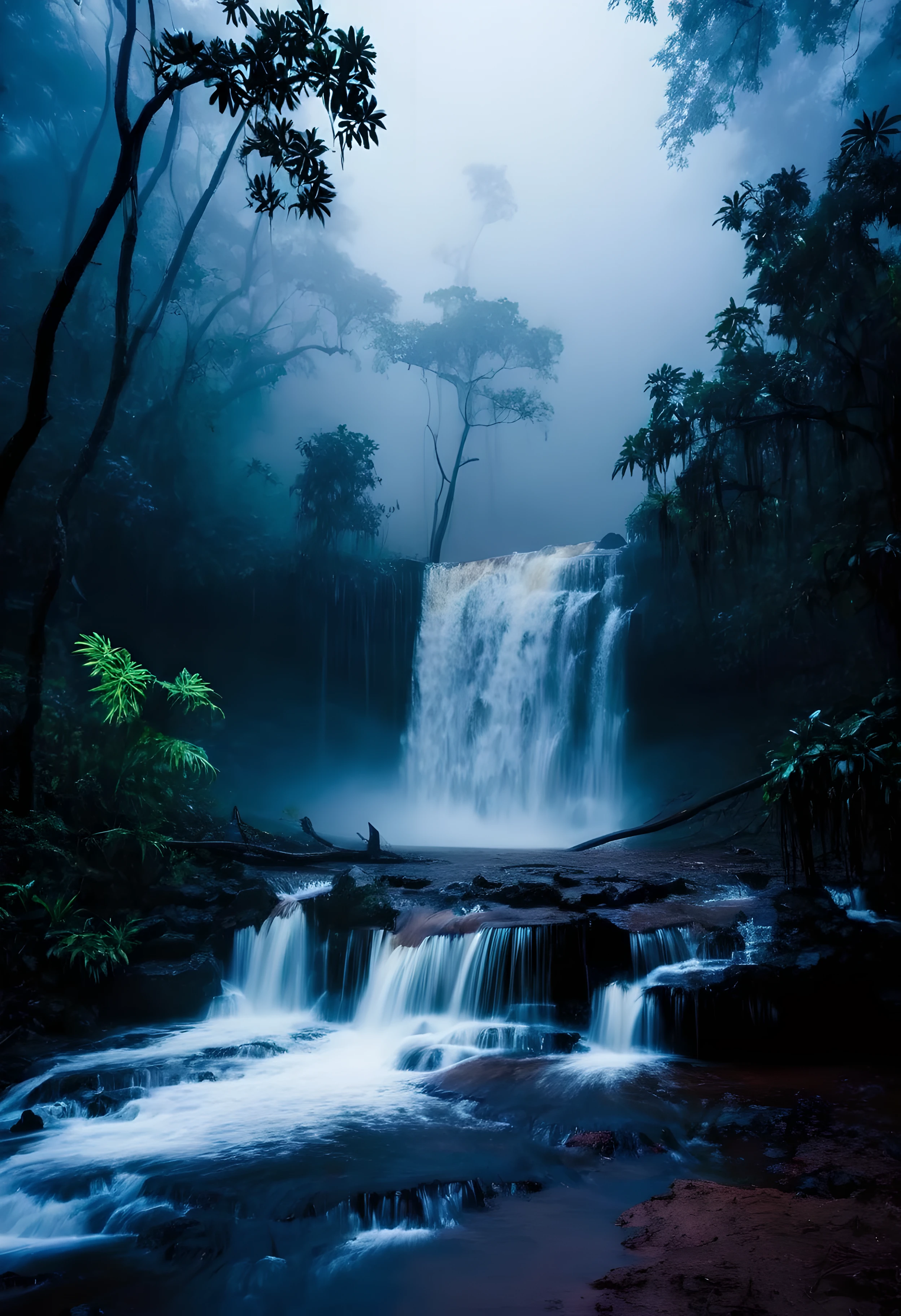 tente, [cachoeira, Horror, floresta Negra, brilhando, água barrenta, água turva, luz baixa, luar, enevoado, Repugnante