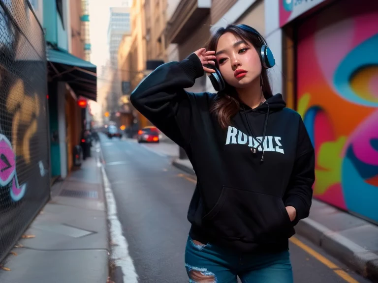 16K UHD best details (a very attractive Korean girl with blue eyes) standing on in alley with walls covered in colorful graffiti in a black branded hoodie and jeans listening to music passionately, a picture inspired by Jean Xceron, trending on pexels, graffiti, beautiful Korean girl, gorgeous Korean model, (detailed eyeedium-sized breasts), woman in streetwear, urban punk casual clothing, she is wearing punk streetwear, casual clothes, wearing a black hoodie, jeans, trendy clothes, street clothes, black outfit, jeans pants, ripped clothing, girl wearing black hoodie, detailed eyes (detailed over-head headphones), listening to music passionately, (sparkling eyes, eye reflection), ray tracing, cinematic light, vivid colors, bokeh, (close-up), multiple views, Ultra-Wide Angle, Nikon, 85mm, f/16, UHD, masterpiece, textured skin, super detail, award winning, best quality, (16k), highres