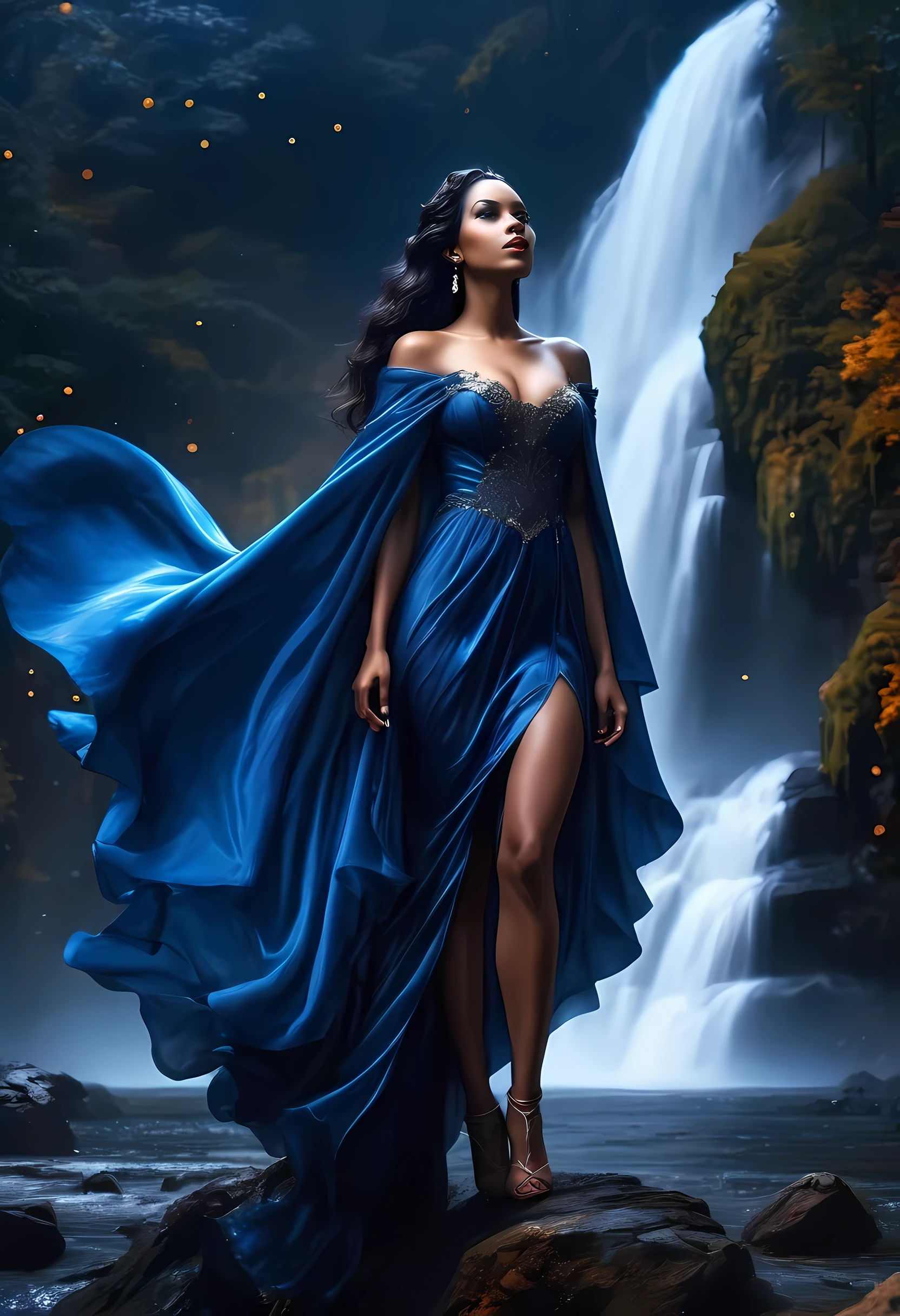 a picture of an exquisite beautiful female vampire standing under the starry night sky at the base of the waterfall, dynamic angle (ultra detailed, Masterpiece, best quality), ultra feminine, (black skin: 1.3), black hair, wavy hair, dynamic eyes color, cold eyes, glowing eyes, intense eyes, dark red lips, [fangs], wearing white dress (ultra detailed, Masterpiece, best quality), wearing blue cloak (ultra detailed, Masterpiece, best quality), long cloak, flowing cloak (ultra detailed, Masterpiece, best quality), wearing high heeled boots,  water coming down from a mountain, multi level water falls, several pools created in different levels, forming new waterfalls, water cascading into a pool steam rising, clear water in many hues of blue and azure falling, ultra best realistic, best details, best quality, 16k, [ultra detailed], masterpiece, best quality, (extremely detailed), ultra wide shot, photorealism, depth of field, hyper realistic painting, sky full of stars background, moon, bats flying about, high details, best quality, 8k, [ultra detailed], masterpiece, best quality, (ultra detailed), full body, ultra wide shot, photorealism, dark fantasy art, dark fantasy art, gothic art, many stars, dark fantasy art, gothic art, sense of dread, bloodmagic