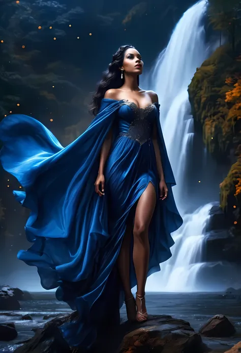 a picture of an exquisite beautiful female vampire standing under the starry night sky at the base of the waterfall, dynamic ang...