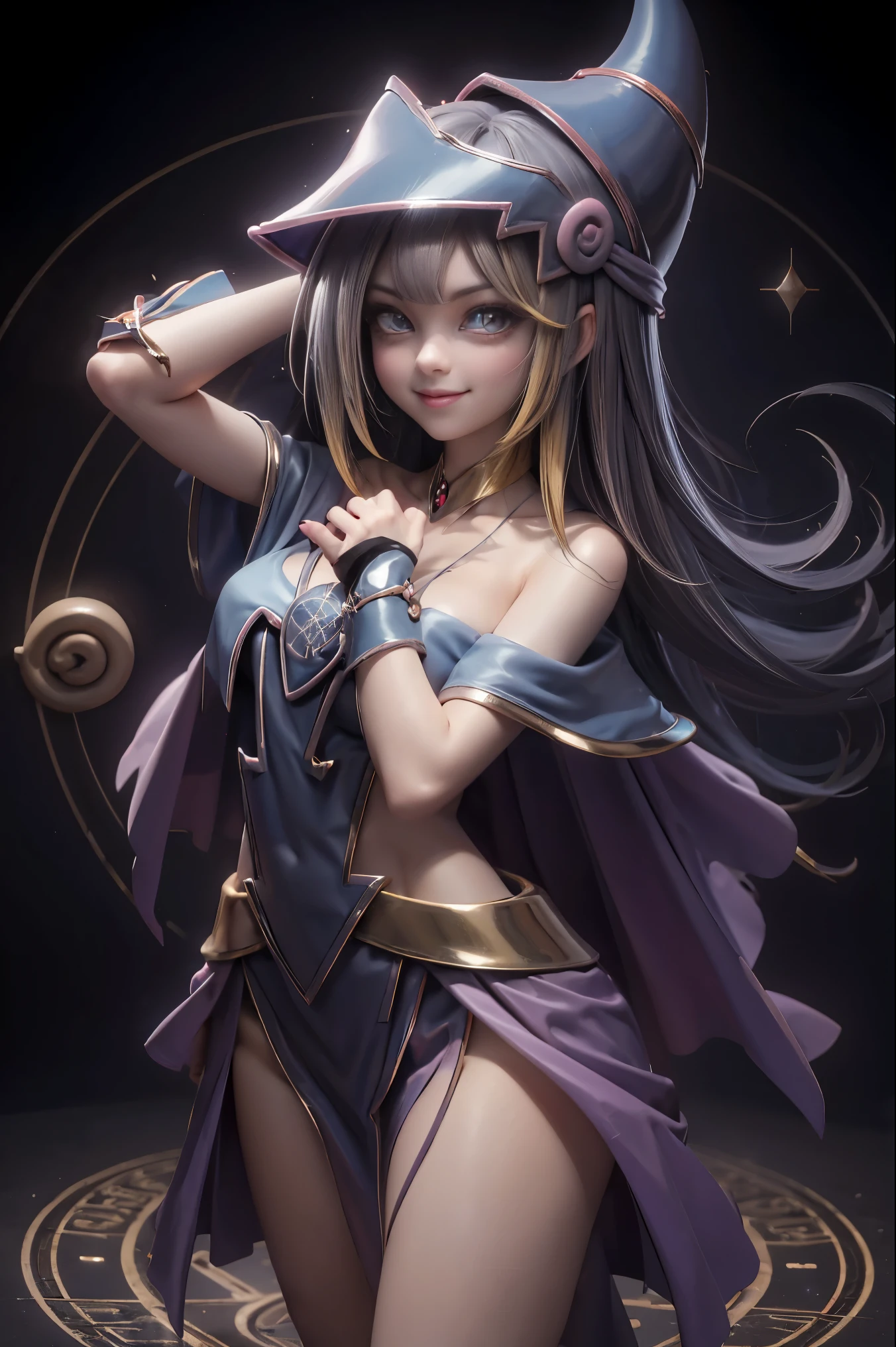 Dark magician gils en el aire, ella sale de un círculo mágico del corazón. Fondo de corazones mágicos. Sonrisa en sus labios. Ojos celestes. Cabello dorado. Pose sensual. Levitando en una pie.