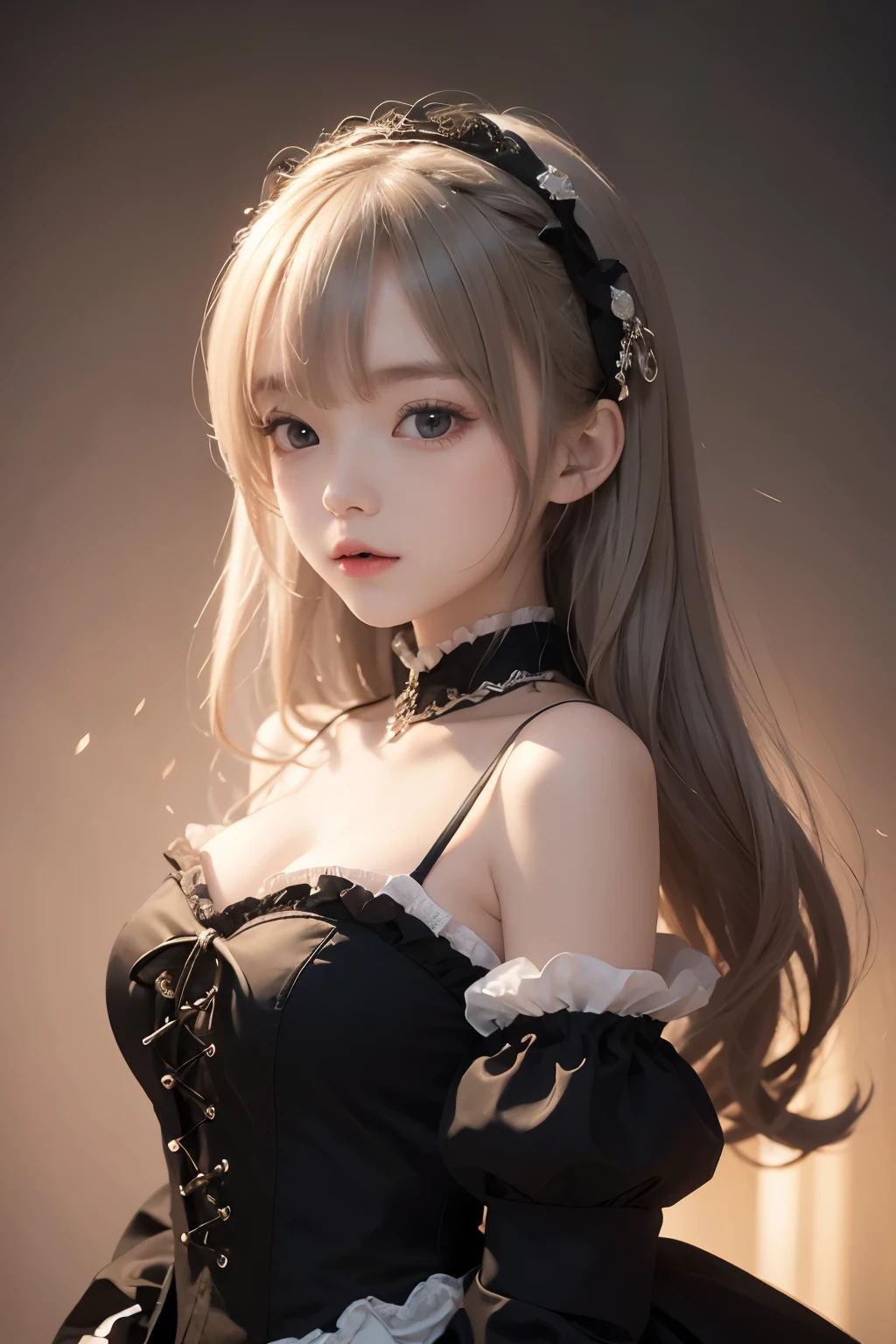 1 , (Highly detailed CG Unity 8k wallpaper), the most beautiful works of art in the world, Girl in Gothic Lolita dress, 10 years old, blonde, slim and young body, white skin, Clothes with protruding shoulders,  with beautiful face, Wearing a Gothic Lolita dress, shine, Surrounded by fantastic light, dark background, fantastic background, looking at the viewer, cinematic lighting