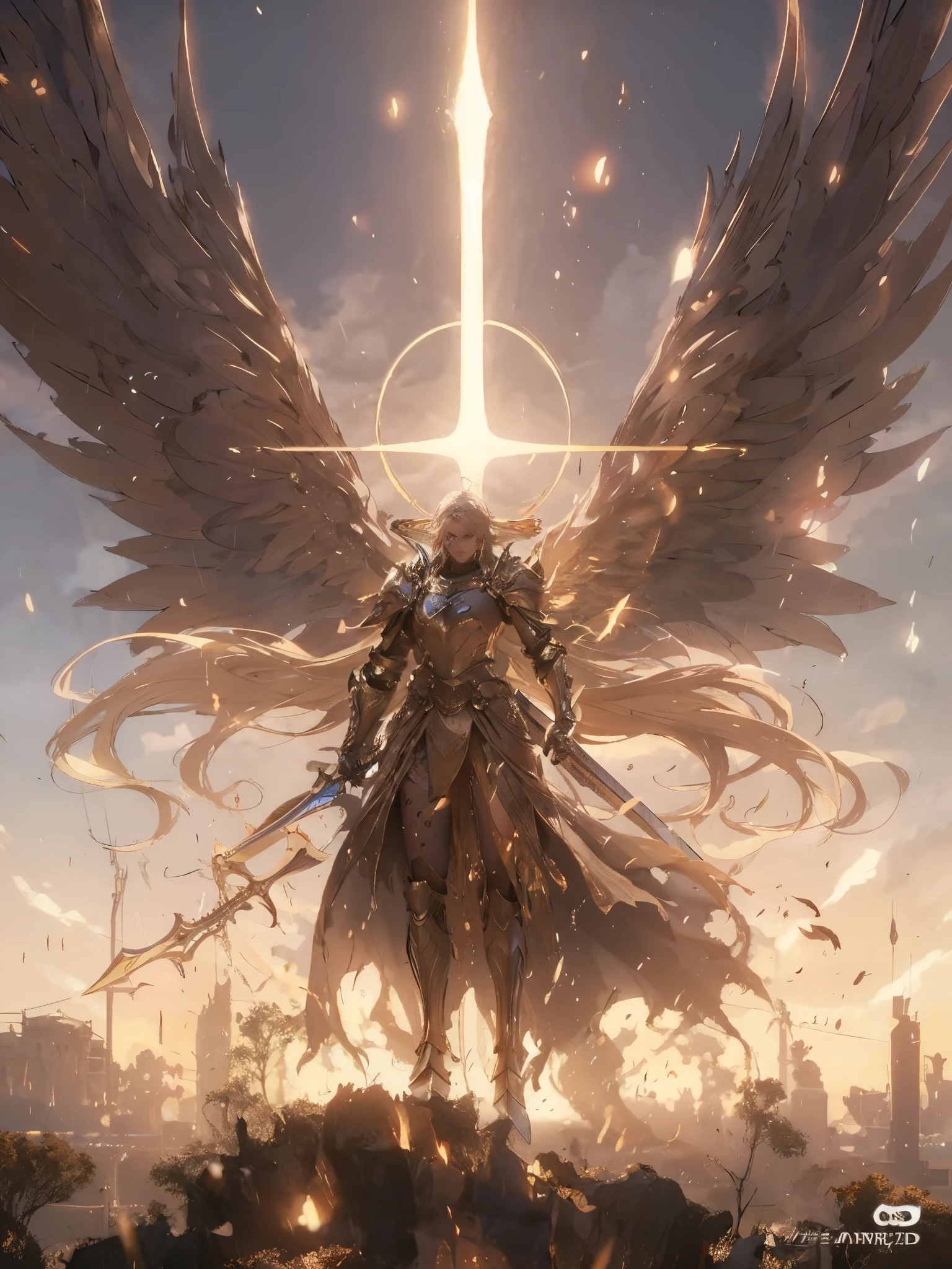 a close up of a person with a sword and wings, anime epic artwork, archangel, super wide angel, epic angel wings, from arknights, 2. 5 d cgi anime fantasy artwork, unreal engine render saint seiya, ethereal anime, an angel of the dawn light, by Yang J, armor angle with wing, the angel of death with a halo