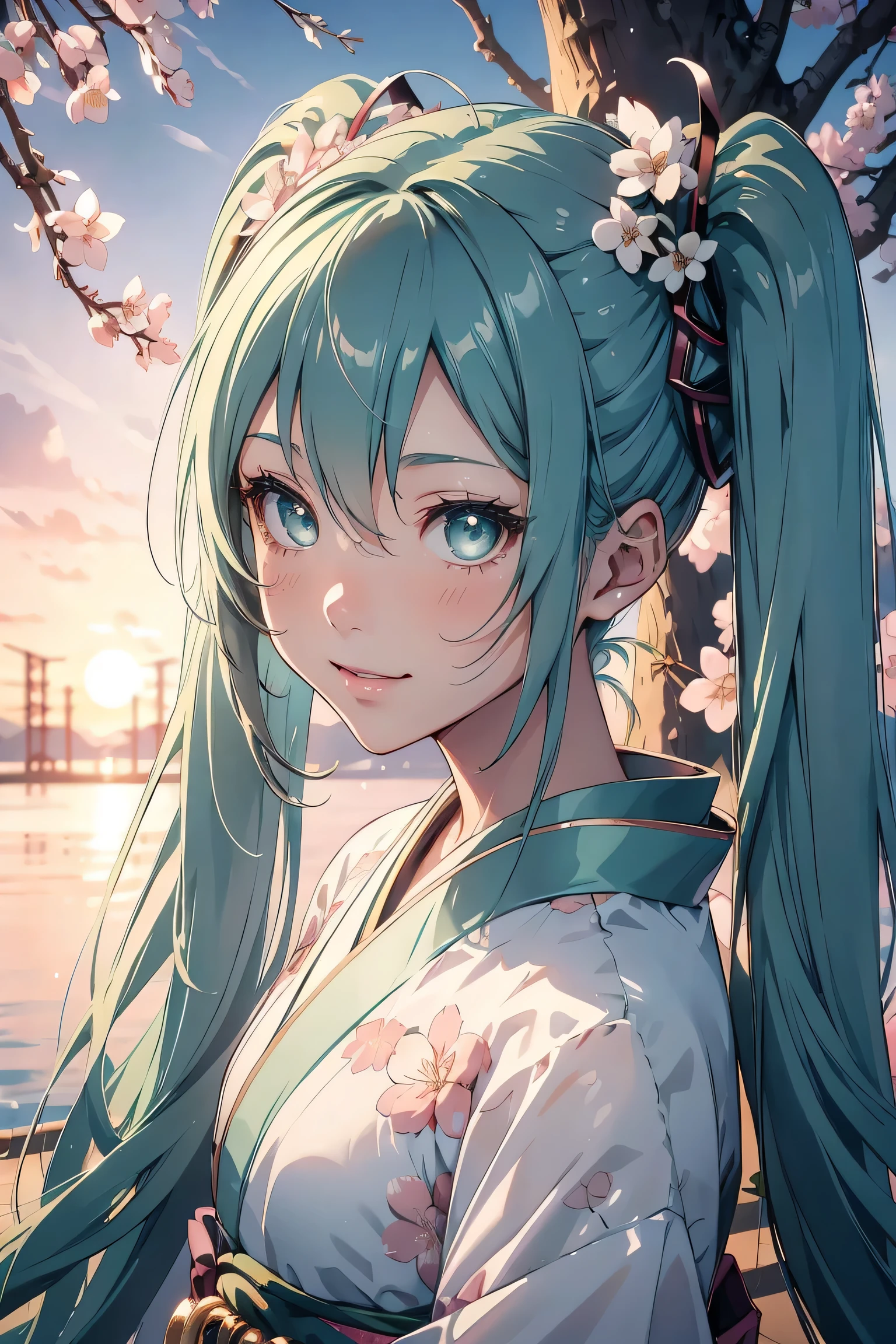 Hatsune Miku,twin tails,beautiful emerald green eyes,white skin,beautiful kimono,Wear kimono properly,super high quality,super high quality,masterpiece,digital single lens reflex,realistic,Detailed details,vivid details,depicted in detail,detailed face,Detailed details,Super detailed,realistic skin texture,based on anatomical basis,perfect anatomy,anatomically correct hand,anatomically correct fingers,Complex 3D rendering,sexy pose,Beautiful cherry blossom trees,fantasy world view,fantastic sunset,Fantastic sunset,beauty like a painting,9 heads and bodies,Take a picture of the whole body,pink lip,smile,