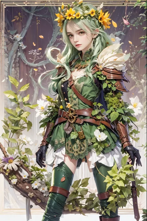 forest_sprite, (green leafy hair), flower_crown, ([bark_armor|vines_wrapped_top]:1.3), [thorn_bracers::10], moss ([collar:petal ...