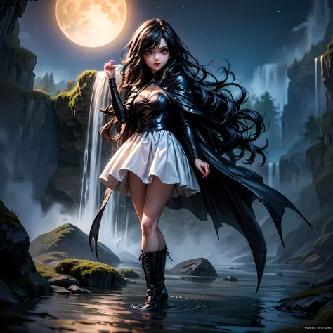 a picture of an exquisite beautiful female vampire standing under the starry night sky at the base of the waterfall, dynamic ang...