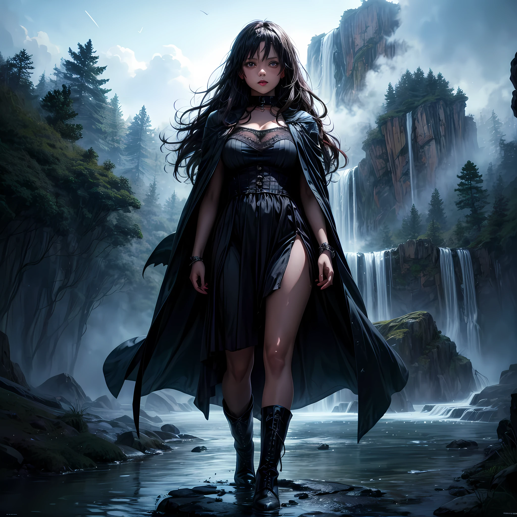 a picture of an exquisite beautiful female vampire standing under the starry night sky at the base of the waterfall, dynamic angle (ultra detailed, Masterpiece, best quality), ultra feminine, (black skin: 1.3), black hair, wavy hair, dynamic eyes color, cold eyes, glowing eyes, intense eyes, dark red lips, [fangs], wearing white dress (ultra detailed, Masterpiece, best quality), wearing blue cloak (ultra detailed, Masterpiece, best quality), long cloak, flowing cloak (ultra detailed, Masterpiece, best quality), wearing high heeled boots,  water coming down from a mountain, multi level water falls, several pools created in different levels, forming new waterfalls, water cascading into a pool steam rising, clear water in many hues of blue and azure falling, ultra best realistic, best details, best quality, 16k, [ultra detailed], masterpiece, best quality, (extremely detailed), ultra wide shot, photorealism, depth of field, hyper realistic painting, sky full of stars background, moon, bats flying about, high details, best quality, 8k, [ultra detailed], masterpiece, best quality, (ultra detailed), full body, ultra wide shot, photorealism, dark fantasy art, dark fantasy art, gothic art, many stars, dark fantasy art, gothic art, sense of dread, bloodmagic