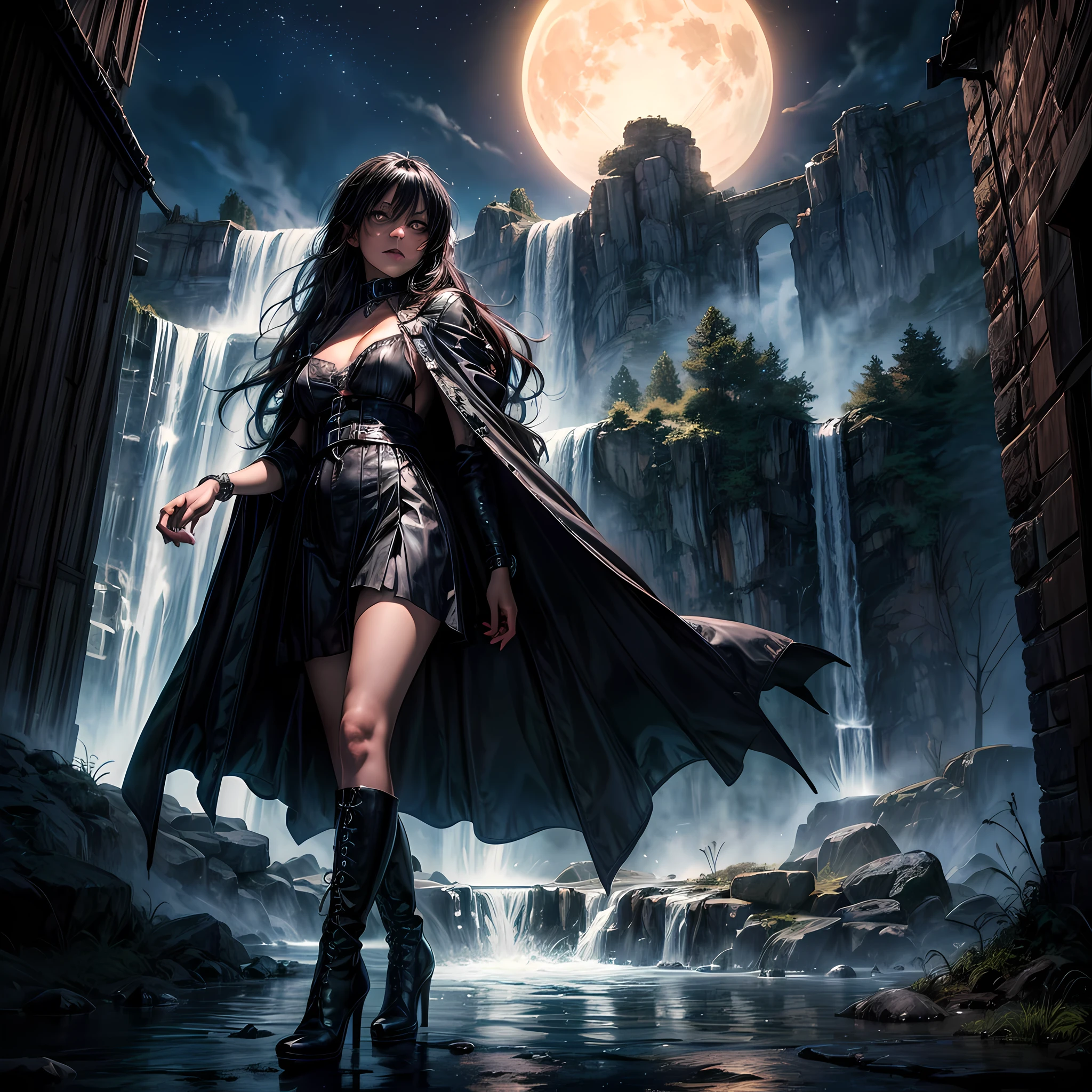 a picture of an exquisite beautiful female vampire standing under the starry night sky at the base of the waterfall, dynamic angle (ultra detailed, Masterpiece, best quality), ultra feminine, (black skin: 1.3), black hair, wavy hair, dynamic eyes color, cold eyes, glowing eyes, intense eyes, dark red lips, [fangs], wearing white dress (ultra detailed, Masterpiece, best quality), wearing blue cloak (ultra detailed, Masterpiece, best quality), long cloak, flowing cloak (ultra detailed, Masterpiece, best quality), wearing high heeled boots,  water coming down from a mountain, multi level water falls, several pools created in different levels, forming new waterfalls, water cascading into a pool steam rising, clear water in many hues of blue and azure falling, ultra best realistic, best details, best quality, 16k, [ultra detailed], masterpiece, best quality, (extremely detailed), ultra wide shot, photorealism, depth of field, hyper realistic painting, sky full of stars background, moon, bats flying about, high details, best quality, 8k, [ultra detailed], masterpiece, best quality, (ultra detailed), full body, ultra wide shot, photorealism, dark fantasy art, dark fantasy art, gothic art, many stars, dark fantasy art, gothic art, sense of dread, wearing collar, hihelz