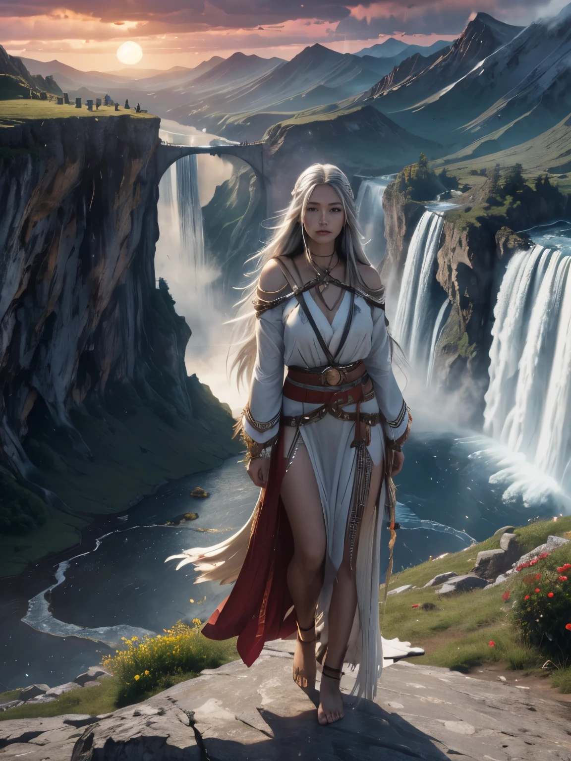 Trending on Artstation, Rachel Walker, BEAUTIFUL WOMAN on the mountain, sunset sky, red sunset clouds, sunset, long hair in the wind, eagle feathers, eagle queen, goddess dressed in eagle feathers, fantasy, overexposure, perfect eyes, metallic colors, surreal art , full body, bare feet, view of mountainous horizon, lake in the distance, lady in the center of the scene, huge full moon in front of the sun, ((transparent clothing)), ((dark storm clouds with lightning)), falls lightning, light drizzle, fog in the distance, goddess on top of the mountain, girl standing, toenails painted red, ((flowers on top of the mountain)), (((rock bridge between mountains))), ((ancient castle embedded in the mountain)), lantern and lamp, ((exaggeratedly long hair)), ((hair moved by strong wind)), ((native clothing)) , ((silver hair)), ((face of Caucasian European woman)), (((waterfall going down the mountain))