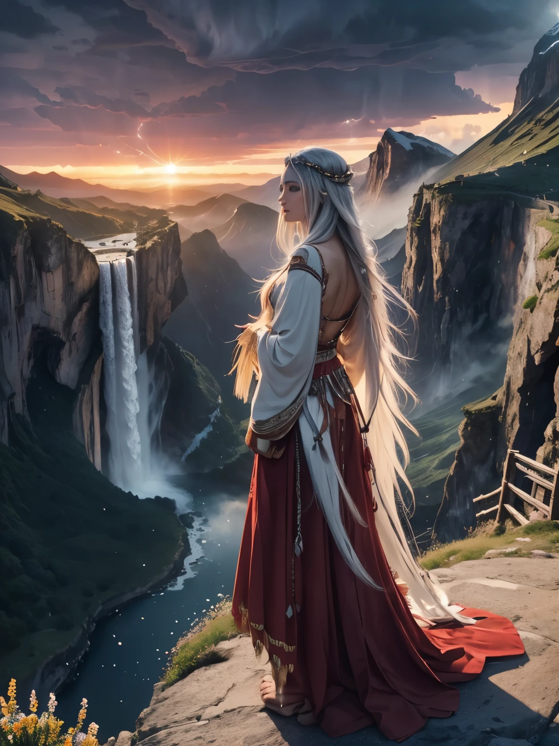 Trending on Artstation, Rachel Walker, BEAUTIFUL WOMAN on the mountain, sunset sky, red sunset clouds, sunset, long hair in the wind, eagle feathers, eagle queen, goddess dressed in eagle feathers, fantasy, overexposure, perfect eyes, metallic colors, surreal art , full body, bare feet, view of mountainous horizon, lake in the distance, lady in the center of the scene, huge full moon in front of the sun, ((transparent clothing)), ((dark storm clouds with lightning)), falls lightning, light drizzle, fog in the distance, goddess on top of the mountain, girl standing, toenails painted red, ((flowers on top of the mountain)), (((rock bridge between mountains))), ((ancient castle embedded in the mountain)), lantern and lamp, ((exaggeratedly long hair)), ((hair moved by strong wind)), ((native clothing)) , ((silver hair)), ((face of Caucasian European woman)), (((waterfall going down the mountain))