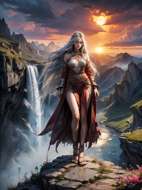 Trending on Artstation, Rachel Walker, BEAUTIFUL WOMAN on the mountain, sunset sky, red sunset clouds, sunset, long hair in the ...