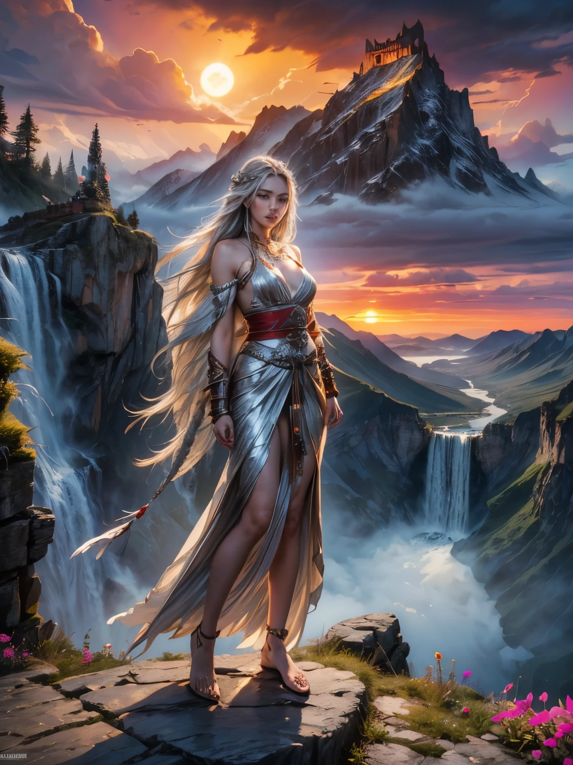 Trending on Artstation, Rachel Walker, BEAUTIFUL WOMAN on the mountain, sunset sky, red sunset clouds, sunset, long hair in the wind, eagle feathers, eagle queen, goddess dressed in eagle feathers, fantasy, overexposure, perfect eyes, metallic colors, surreal art , full body, bare feet, view of mountainous horizon, lake in the distance, lady in the center of the scene, ((huge full moon in front of the sun)), ((transparent clothing)), ((dark storm clouds with lightning)), falls lightning, light drizzle, fog in the distance, goddess on top of the mountain, girl standing, toenails painted red, ((flowers on top of the mountain)), (((rock bridge between mountains))), ((ancient castle embedded in the mountain)), lantern and lamp, ((exaggeratedly long hair)), ((hair moved by strong wind)), ((native clothing)) , ((silver hair)), ((face of Caucasian European woman)), (((waterfall going down the mountain))