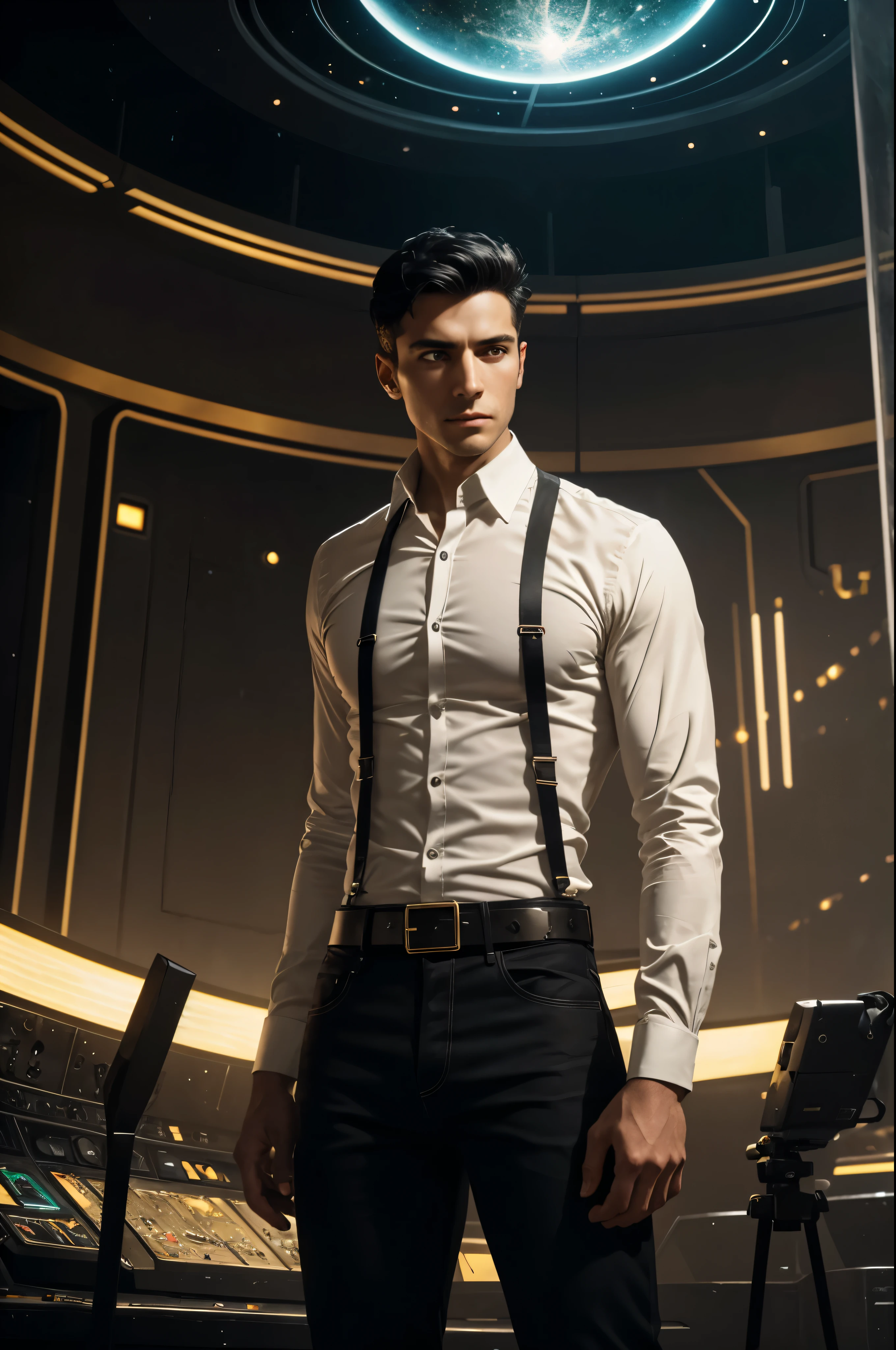 A 29-year-old man with short black hair in a fade, forest green eyes, stands facing the camera at the center of the image. He wears a white satin shirt with the collar buttons undone, paired with tight-fitting black skinny jeans and a shiny silver belt. His hands are held out in front of him, conjuring a fluorescent blue energy ball, surrounded by exploding musical notes. The scene is set inside a spaceship, reminiscent of the aesthetics of the Stargate Universe series, with sepia-toned backgrounds illuminated by brass and other hues