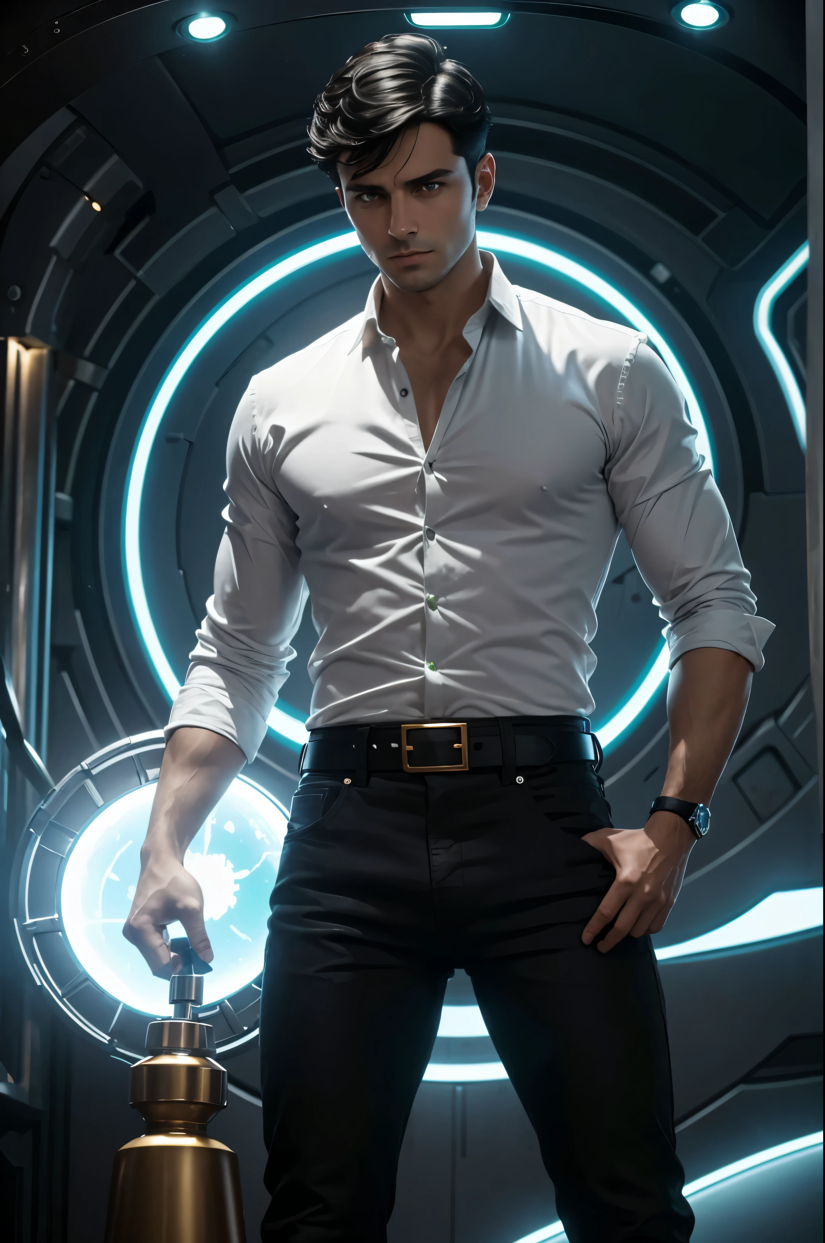 A 29-year-old man with short black hair in a fade, forest green eyes, stands facing the camera at the center of the image. He wears a white satin shirt with the collar buttons undone, paired with tight-fitting black skinny jeans and a shiny silver belt. His hands are held out in front of him, emitting an aura of concentration as a fluorescent blue energy ball takes shape between his palms. The scene is set inside a spaceship, with sepia-toned lights and brass illuminating the background, reminiscent of the aesthetics of the Stargate Universe series