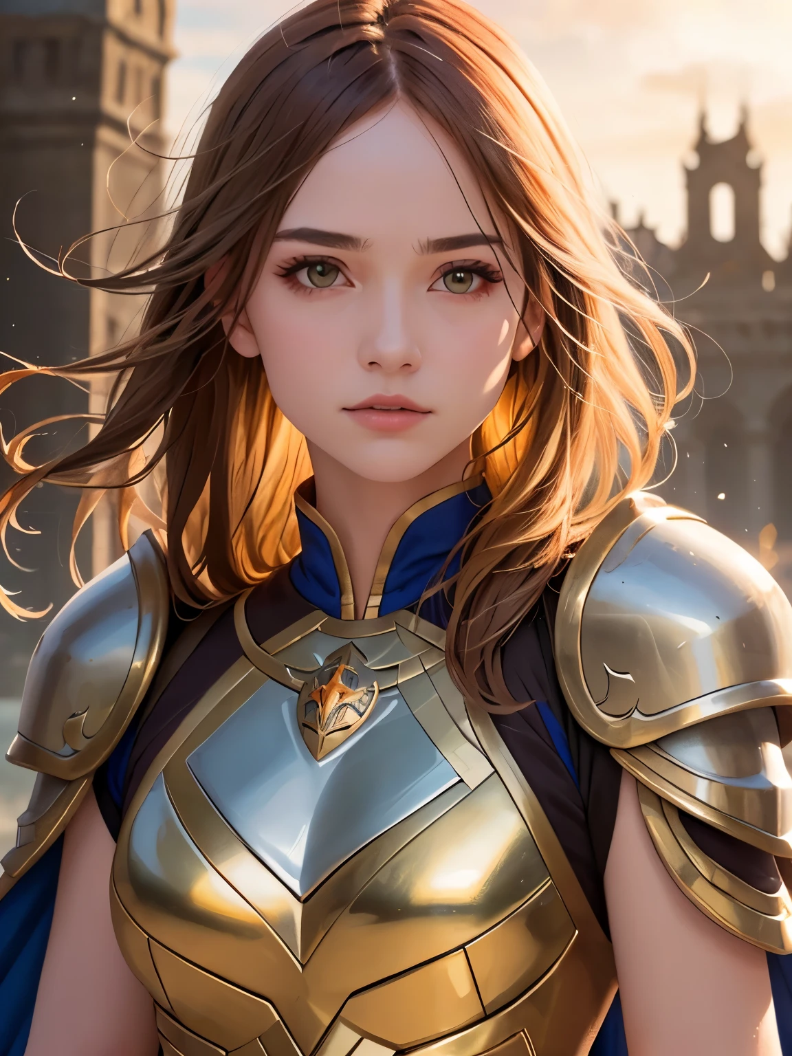 (disorganized, intricate details, masterpiece, highest quality, High resolution, 8k), 1 female, brave face, masked, The eyes and face are detailed, auburn low fade hair, amber eyes, portrait, looking at the viewer, alone, half shot, detailed background, (light fantasy theme:1.1), focus on, mercenary, sunlight, floating scraps, color plate armor, sacred aura, bright and realistic lighting, marble castle, intense atmosphere, circlet, coat of arms, brazier, , Depth of the bounds written, VFX.