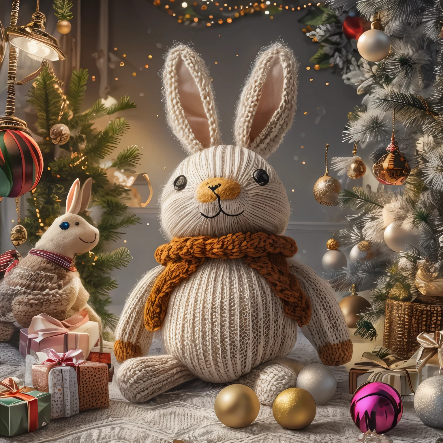 (La Meilleure qualité,haute résolution,Super détaillé,réel),Lapin tricoté mignon，dans la pièce，Smiley，Décoration de Noël，entouré de cadeaux de Noël，Un chef-d&#39;œuvre plein d&#39;éléments fantastiques）））， （（Meilleure qualité））， （（détails complexes））（8k）