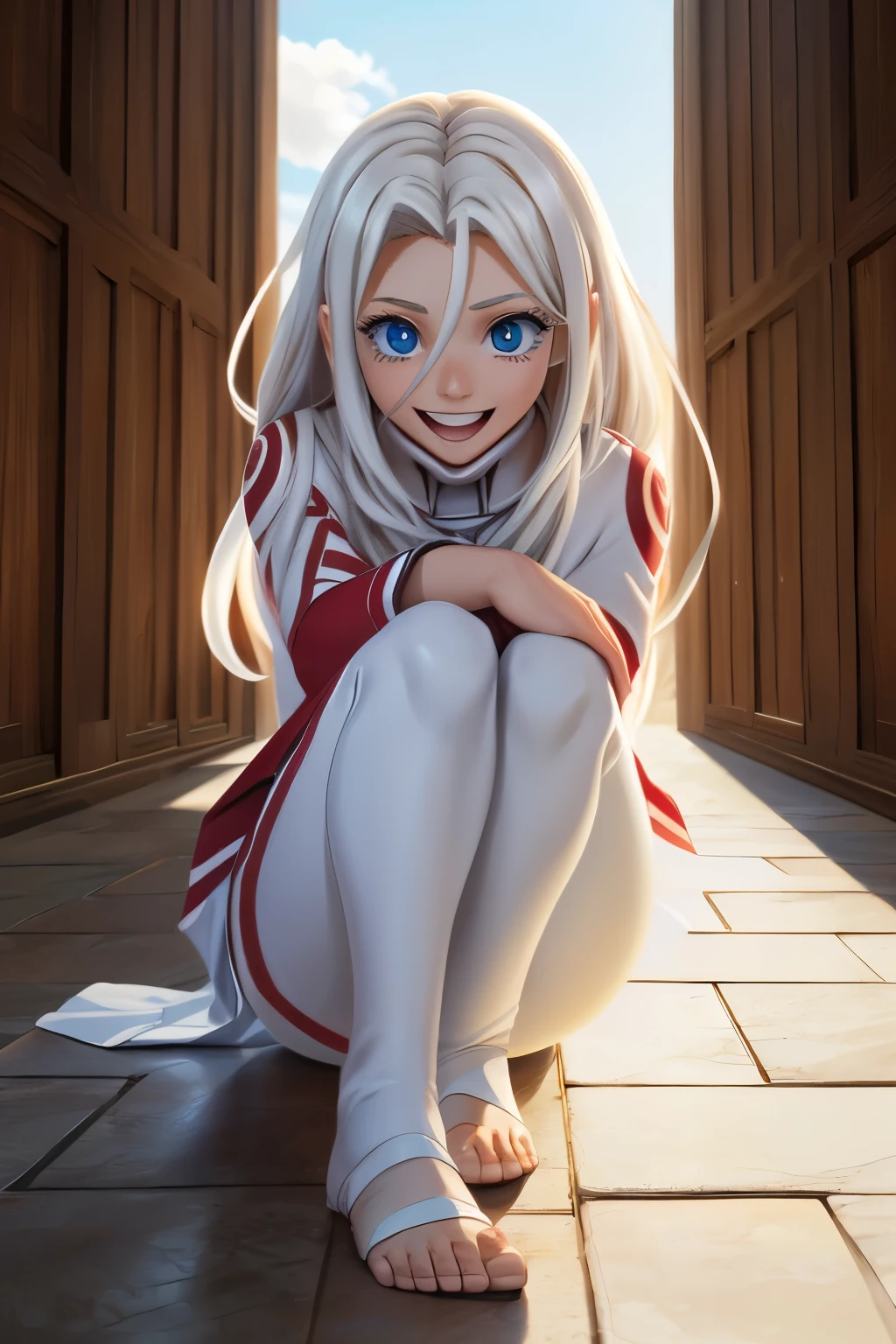 ((ultra quality)), ((Masterpiece artwork)), albino girl Shiro, Shiro from the anime Deadman Wonderland, ((cabelo longo offwhite)), Beautiful cute face, beautiful female lips, charming beauty, ((Joyful expression on your face)), is looking at the camera ((kind smile)), ((cor da pele: offwhite)), Body shine, ((beautiful detailed female eyes)), ((Eyes red)), beautiful female hands, ((perfect female figure)), ideal female body shapes, Beautiful waist, beautiful feet, muslos grandes, beautiful ass, ((Subtle and beautiful)), A seductive posture ((approximate face)), ((wearing Shiro&#39;s costume, offwhite Shiro suit)), fund: large hall of the future prison with offwhite walls, ((Depth of field)), ((high quality clear image)), ((sharp details)), ((highy detailed)), realisitic, Professional photo session, ((Focus Clear)), ((animated cartoon)), the anime