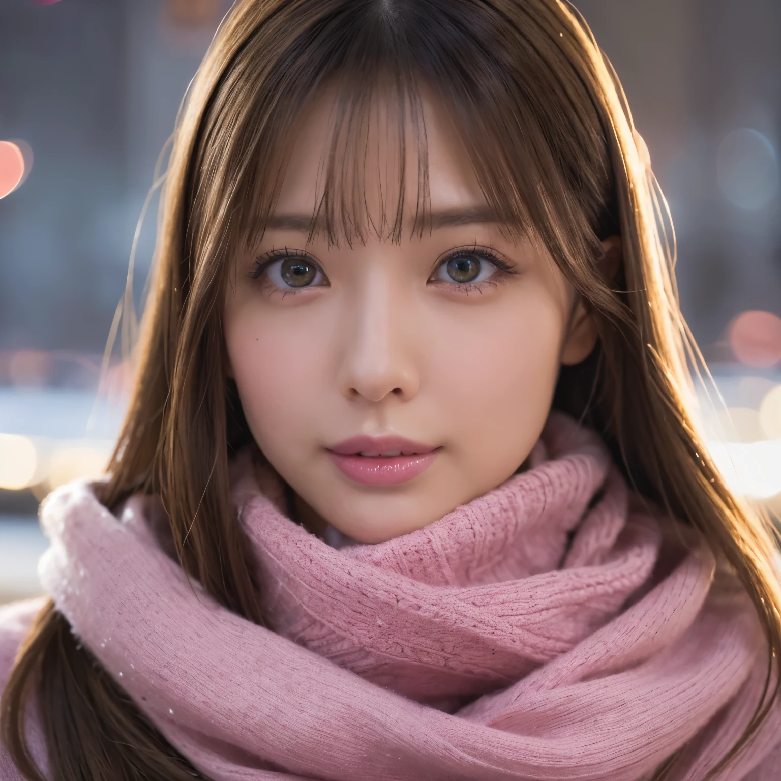 (table top、highest quality、8k、Award-winning work、ultra high resolution)、one beautiful woman、(Red Turtleneck Long Knit Sweater Dress:1.1)、perfect fit、brown hair、blonde、(The most natural and accurate pink long scarf:1.2)、Very long wavy hair、epic movie lighting、(romantic love mood:1.1)、(The most romantic and moody atmosphere:1.1)、winter、snow scene、It&#39;s snowing、Norwegian city covered in snow、look at me、(Huge breasts that look like they&#39;ll burst:1.1)、(Most emphasize the body line:1.1)、very long hair、blurred background、accurate anatomy、ultra high definition hair、ultra high resolutionの完璧な美しい歯、Ultra high definition beauty face、ultra high definition hair、Super high-definition sparkling eyes、輝くultra high resolutionの美肌、ultra high resolutionの艶やかな唇、(close up of face:1.3)