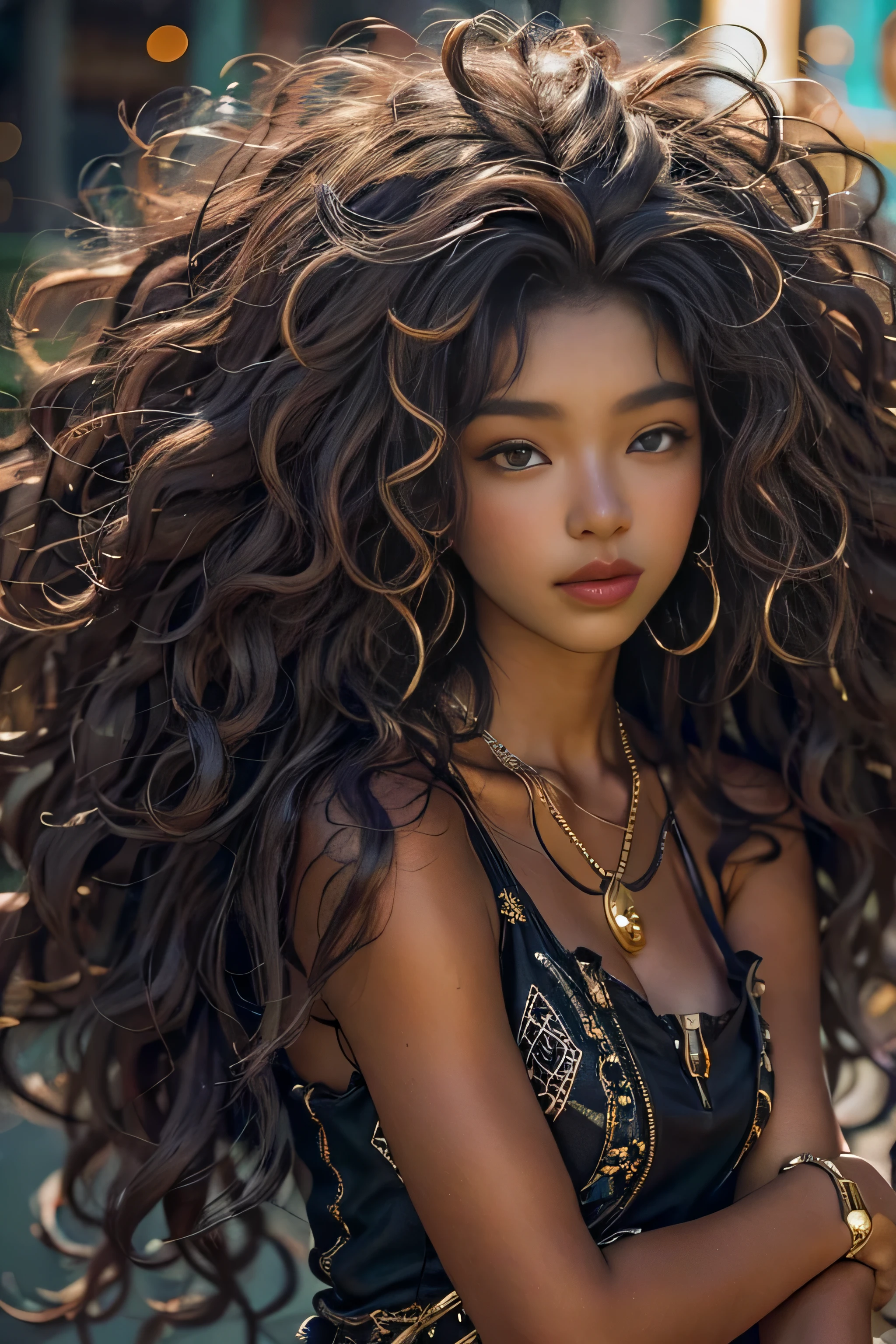 걸작, 최고의 품질, 아름다운 아프리카인과 아시아인이 혼합된 19세, 흑단 피부 여성, 긴, 곱슬머리, 곱슬곱슬한 검은 머리, 완벽한 얼굴, 반신, 긴 hair, 멜라닌