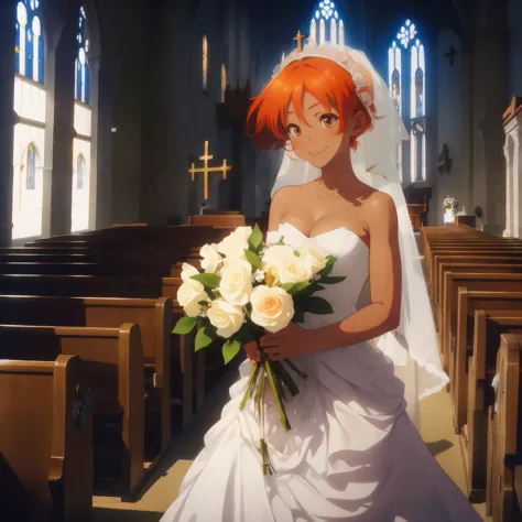 Edward, walking down a church, smiling, white wedding dress, holding bouquet of flowers, (((church background))) orange hair,tan...