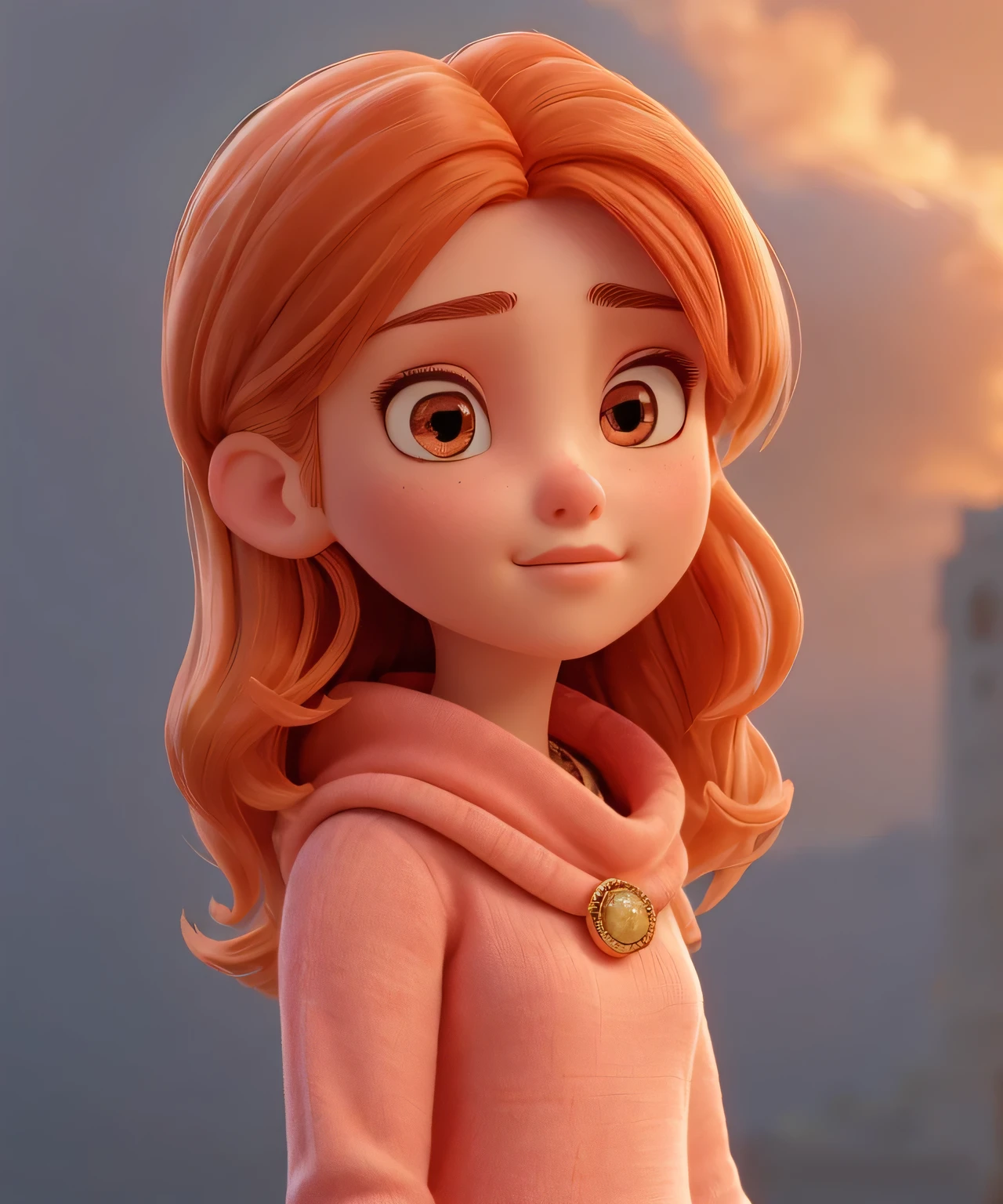 Masterpiece, superior quality, highest quality, official art, beautiful and aesthetic: 1.2), 1 girl, beautiful, highly detailed, orange hair with a touch of, pink eyes, dark lighting, serious face, looking at the sky, sky, medium shot, black sweater, jewels.