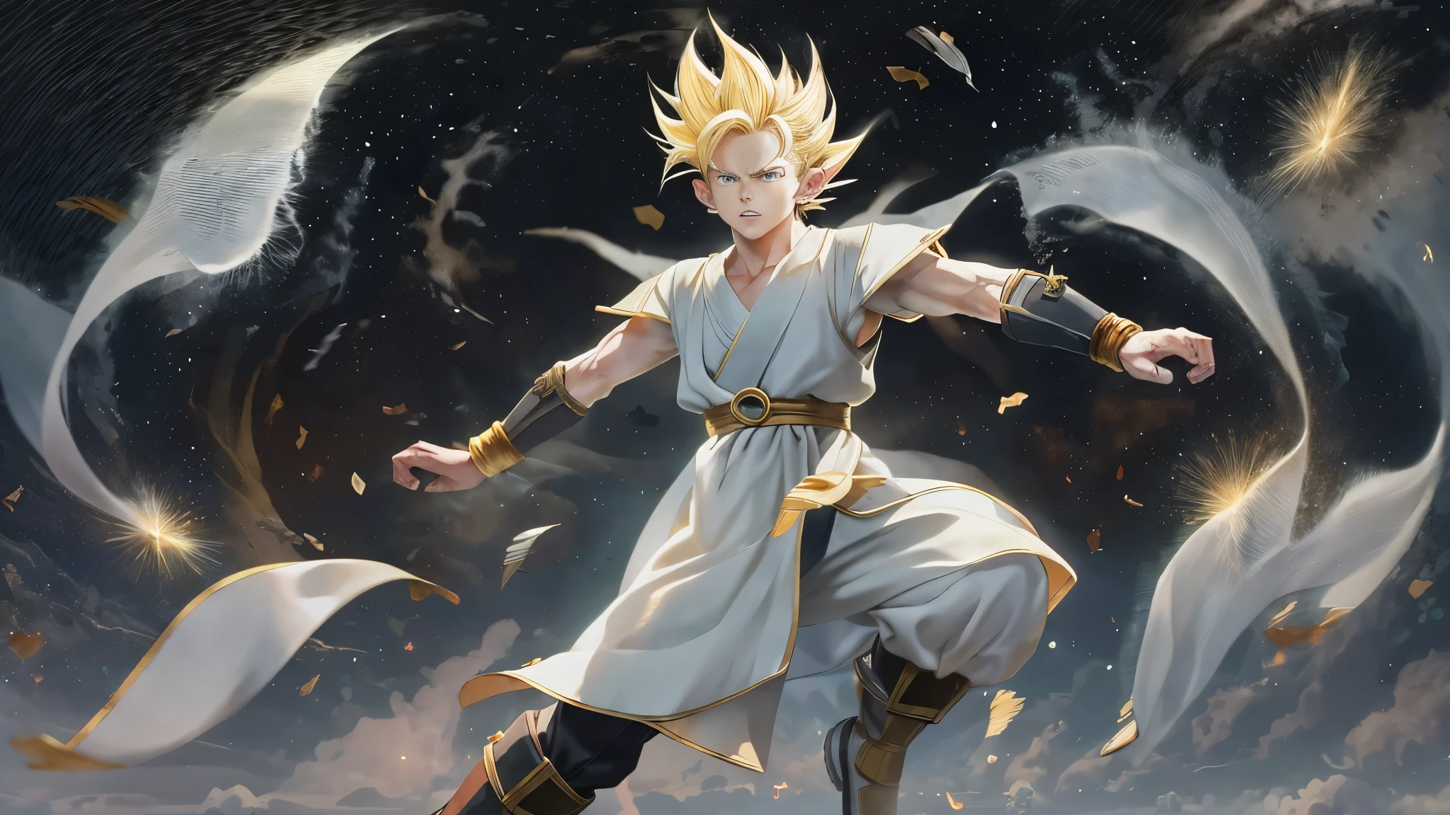 (master piece), 8k, best quality, elf boy, childlike appearance, male, teenager, 14 years old, 1.70 meters tall, white skin, thin body, pointed elf ears, beautiful finely detailed silver eyes , high forehead, spiky yellow blonde hair like Gohan from the anime dragon ball (super sayajin), Incredibly handsome, conservative elven clothing, fighting, throwing salt stones at enemies,