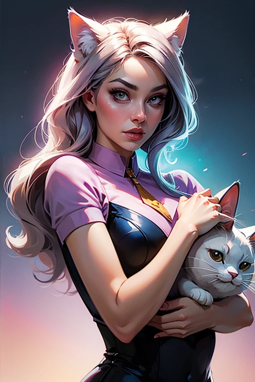 un dessin d&#39;une femme avec un chat dans sa main, lois van baarle and rossdessine, lois van rossdessine, rossdessine cartoon vibrant, rossdessine 2. 0, rossdessine 1. 0, rossdessine 2. 5, :: rossdessine, dans le style de Ross Tran, inspiré par Ross Tran, À la manière de Ross Tran, rossdessine pastel vibrant