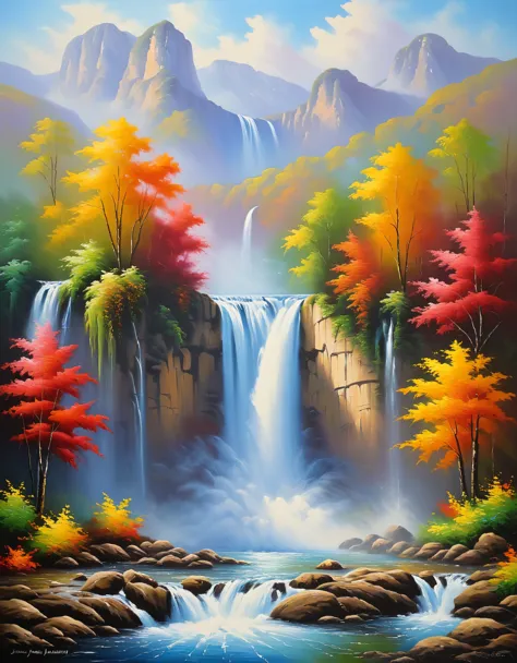 ((majestic waterfalls:1.5)), create it like a professional oil painter, beautiful vivid colors, best quality, (oil technique:1.4...