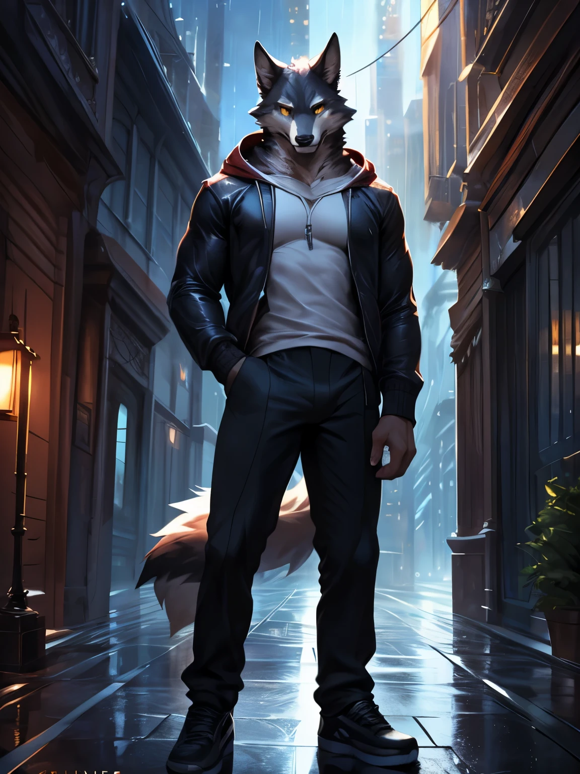 (4k, 8K, A high resolution), (best quality), (perfect colors), (perfect shadows), (perfect lighting), posted on e621, (by Chunie, by canyne khai, by t.y.starale), male, furry, Wolf anthro, (Wolf Tail), solo, yellow eyes, (Realistic eye details 1.2), night city, heavy rain, (Realistic Rain detail), Wearing White T-shirt, Longline sweatshirt hoodie sweater jacket wear, slimfit black chinos long pants, high pantofel shoes, Slim body, full body like, abs, muscular, Standing up position, freestyle, cool pose charm, a gaze full of male charisma, masterpiece, illustration, (Realistic background), ((Bonifasko lighting)), (Detailed eyes), perfect pupils, detail eyes, detail fluffy fur, (seductive face:1.2), fit body, fit body, perfect male figure, Detailed fur, Detailed face, Perfect face, Detailed background, (Complex), (Super Detail), (Ultra Clear), (Best Quality)