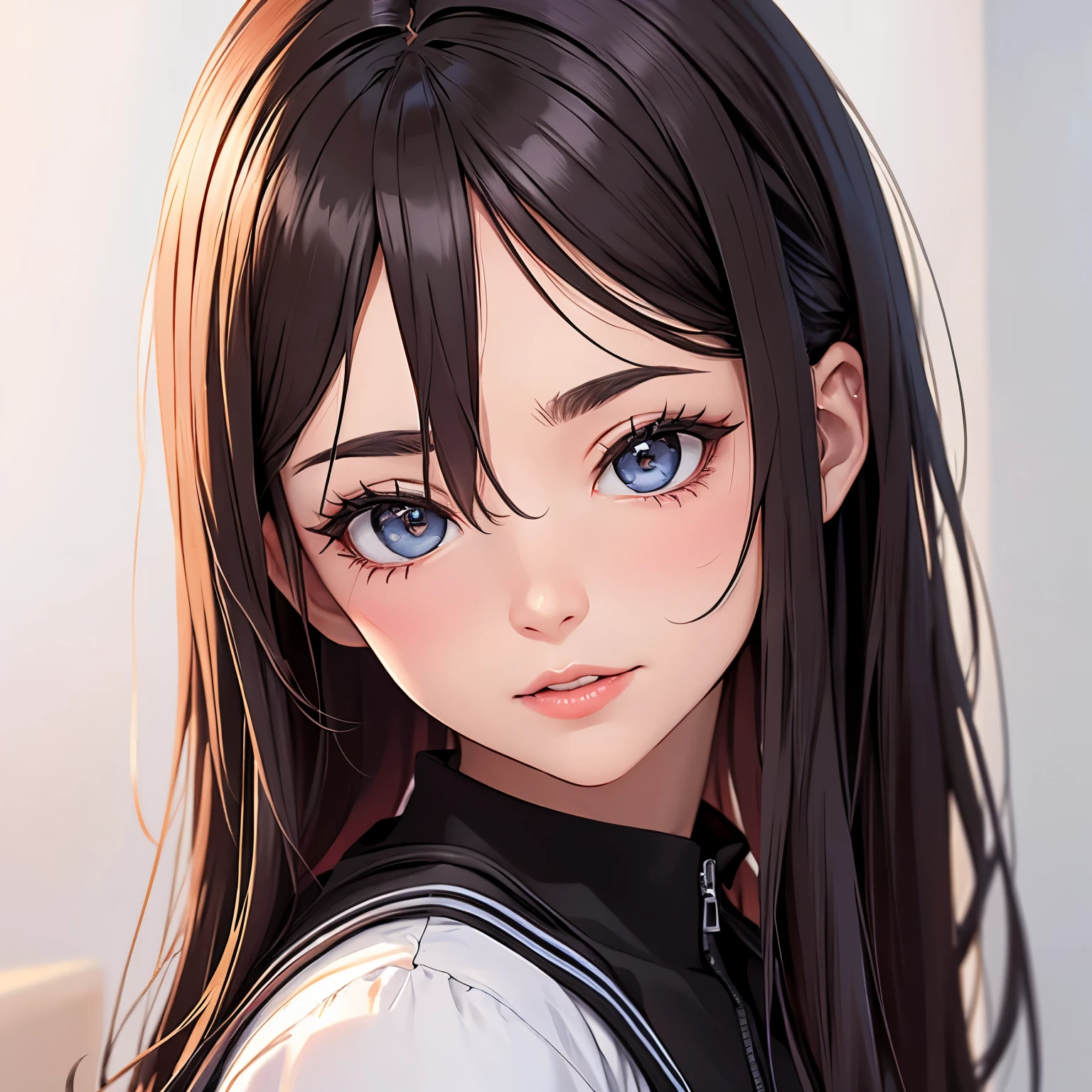 Anime girl with long black hair and blue eyes - SeaArt AI