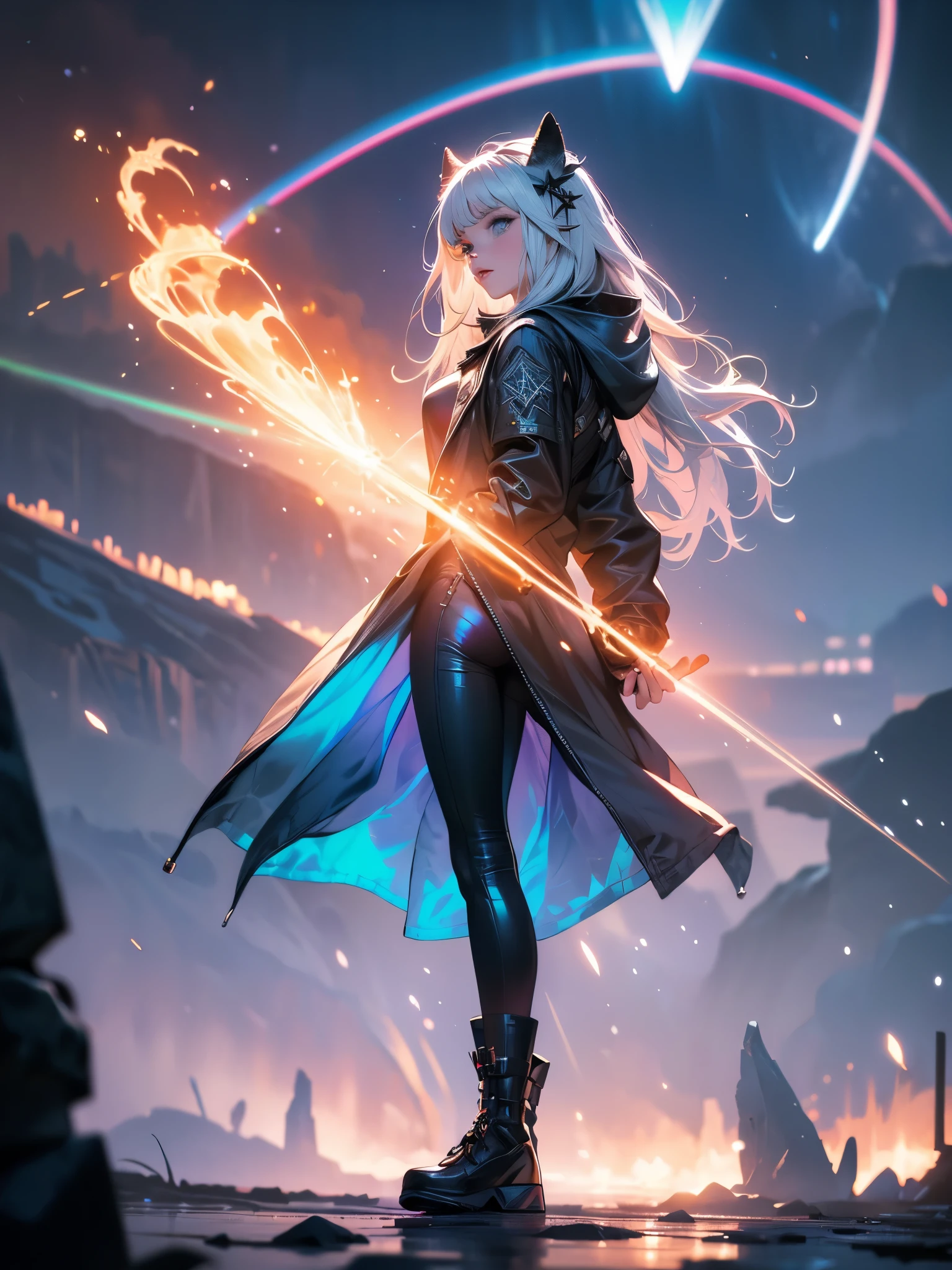 a girl with tight pants, high boots with laces, a jacket with a hood behind her, white hair, (((the girl is invoking magic with her hands, where a jet of light comes out with runes and rays))), girl in profile, in a magical and comical setting with spiral flowers and many colors, {extremely detailed 16k CG unit wallpaper}, expansive landscape photography, (a low view with focus on the scenery), (wide view of open field ), (low angle shot), (high light: 1.2), (low light: 1.4), (warm light source: 1.2), complex details, (iridescent colors: 1.5), (bright lighting), (atmospheric lighting )