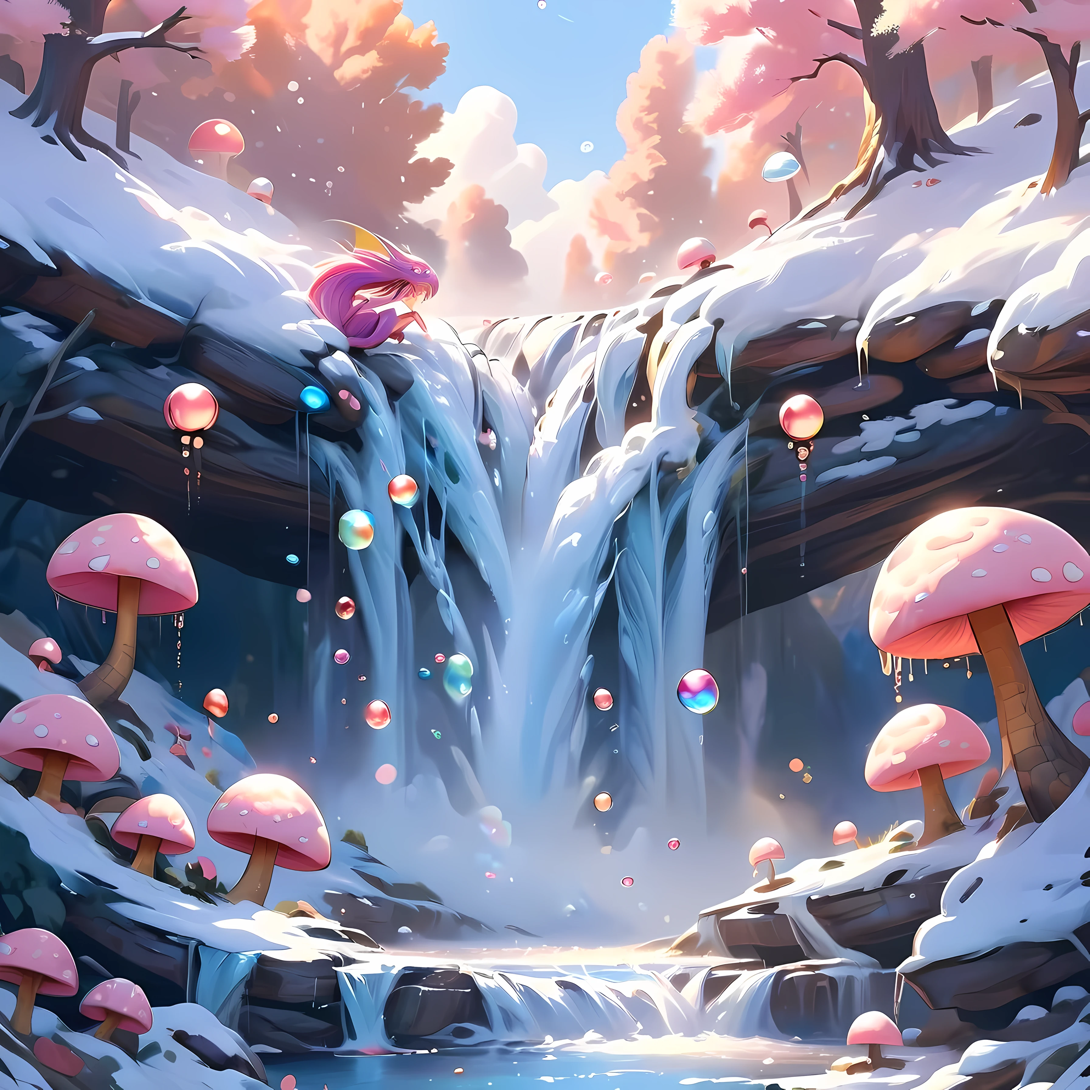 fairy tale theme，waterfall wallpaper，金属watch，background，Tranquility Falls，watch，time flow concept，Dragon pattern，cultural heritage，corner，frame，Fun elements，blue，pink，Dream，Romantic，Visual effect，kawaii aesthetics，Snow scene fusion，Charming lighting effects，Romantic学院风格，tiny details，floating bubbles，twinkling stars。
