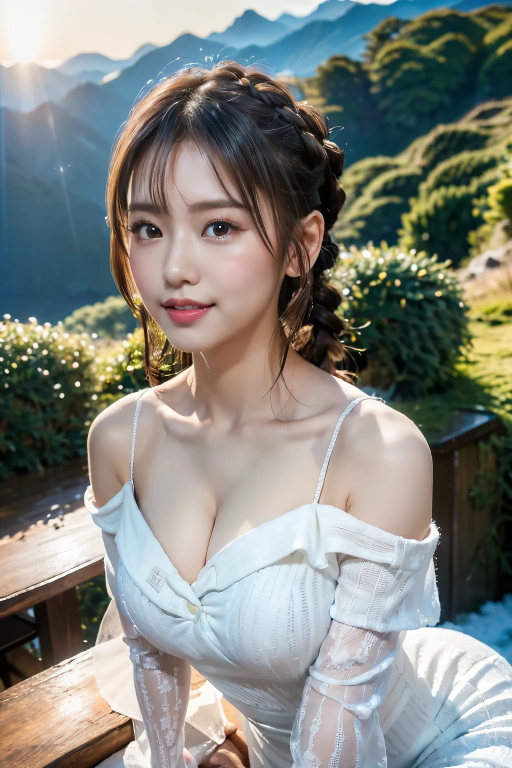 (Make your subject look three-dimensional with the contrast of light and shadow),(((With the sunset in the background))),(((Winter snowy mountain climbing scenery:1.3))),cute and beautiful adult woman,cute round face,cute smile,with blushing cheeks,red lips,(((Off-white off-shoulder knit tight dress:1.3))),black stockings,Knee-high boots,(silvery hair,floral braided headband,half up、floral braided space bun,voluminous fishtail braid,Twisted pan,),(The bangs are see-through bangs),hairpin,hair ornaments,(((emphasize the chest:1.3))),Breast flick,Detailed clothing characteristics,Detailed characteristics of hair,detailed facial features,(dynamic angle),(dynamic and sexy pose),professional lighting,cinematic light,(table top,highest quality,Ultra high resolution output image,) ,(8K quality,Depth of the bounds written,Anatomically accurate facial structure,),(sea art 2 mode:1.3),(Image mode Ultra HD,),(3D Realistic Photography:1.3)