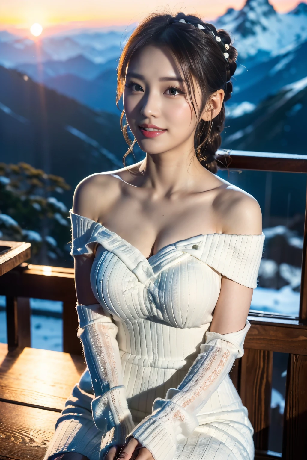 (Make your subject look three-dimensional with the contrast of light and shadow),(((With the sunset in the background))),(((Winter snowy mountain climbing scenery:1.3))),cute and beautiful adult woman,cute round face,cute smile,with blushing cheeks,red lips,(((Off-white off-shoulder knit tight dress:1.3))),black stockings,Knee-high boots,(silvery hair,floral braided headband,half up、floral braided space bun,voluminous fishtail braid,Twisted pan,),(The bangs are see-through bangs),hairpin,hair ornaments,(((emphasize the chest:1.3))),Breast flick,Detailed clothing characteristics,Detailed characteristics of hair,detailed facial features,(dynamic angle),(dynamic and sexy pose),professional lighting,cinematic light,(table top,highest quality,Ultra high resolution output image,) ,(8K quality,Depth of the bounds written,Anatomically accurate facial structure,),(sea art 2 mode:1.3),(Image mode Ultra HD,),(3D Realistic Photography:1.3)