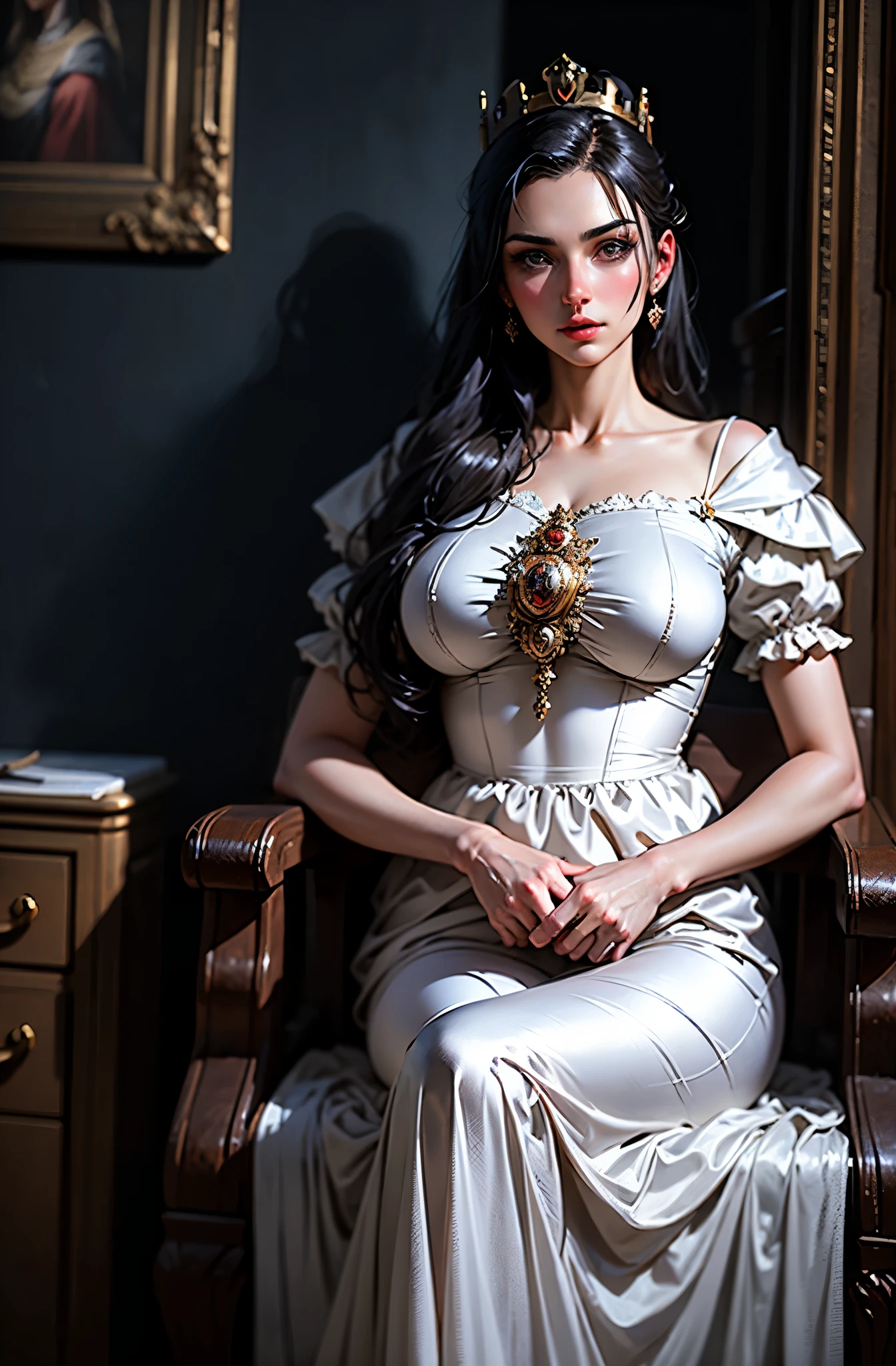 portrait, girl, middle ages, classicism, andrey atroshenko style, painting, traditional media, realistic, figurative, fine art, oil on canvas, HDR, 8k, original character, high resolution, high detail, focus on the face, thick-thighs, LONG AND BEAUTIFUL LEGS, YOUNG MAIDEN, muse, MEDIVAL PRINCESS, middle Ages, silver armor, SILVER DRESS, sitting, legs uncovered, sitting EM UM TRONO, sitting DE LADO, center of picture, center image, Silver dress, SILVER SHOULDER PADS, SILVER FURNITURE AROUND, SILVER DRESS, legs showing, low cut dress, silver crown, SILVER PRINCESS, silver-haired, SCANDINAVIAN, Caucasian skin, EUROPA MEDIEVAL1300, german, FILANDESA, IRISH NATIONALITY, AUSTRIAN NATIONALITY, ANCIENT EUROPE, silver armor
