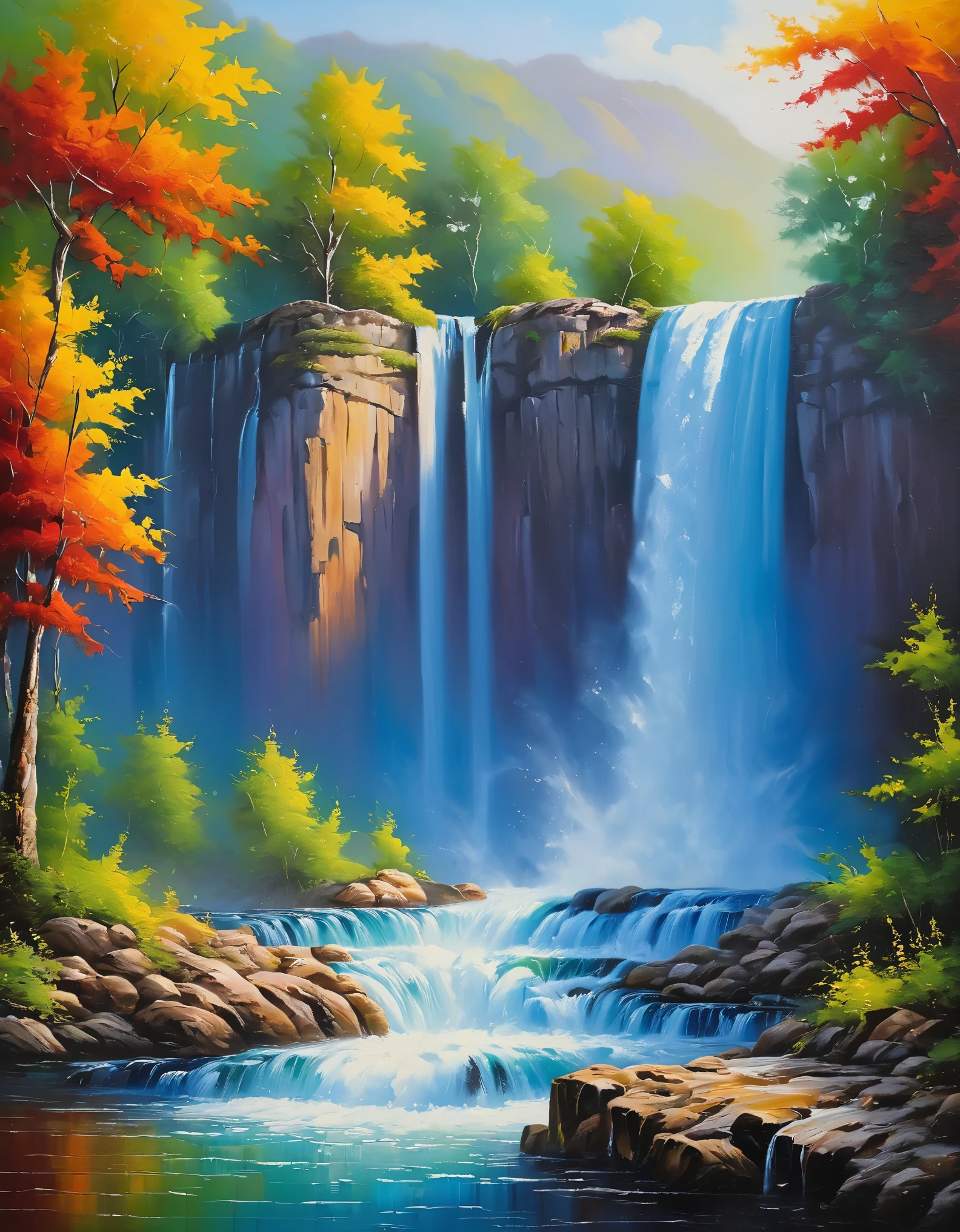 ((majestic waterfalls:1.5)), create it like a professional oil painter, beautiful vivid colors, best quality, (oil technique:1.4), (Jean Marc Janiaczyk painter style:1.4), masterpiece,