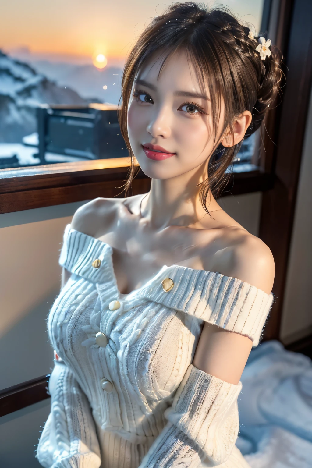 (Make your subject look three-dimensional with the contrast of light and shadow),(((With the sunset in the background))),(((standing on a snowy mountain in winter:1.3))),cute and beautiful adult woman,cute smile,with blushing cheeks,red lips,(((Off-white off-shoulder knit jumper dress:1.3))),black stockings,Knee-high boots,(silvery hair,floral braided headband,half up、floral braided space bun,voluminous fishtail braid,Twisted pan,),(The bangs are see-through bangs),hairpin,hair ornaments,(((emphasize the chest:1.3))),Breast flick,Detailed clothing characteristics,Detailed characteristics of hair,detailed facial features,(dynamic angle),(dynamic and sexy pose),professional lighting,cinematic light,(highest quality,Ultra high resolution output image,) ,(8K quality,Depth of the bounds written,Anatomically accurate facial structure,),(sea art 2 mode:1.3),(Image mode Ultra HD,),(3D Realistic Photography:1.3)