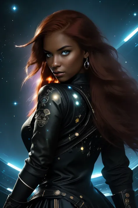 a 20-year-old girl with long red hair, heterochromatic eyes, dark skin, wear a black dress with a crisp galaxy pirate shirt, wit...